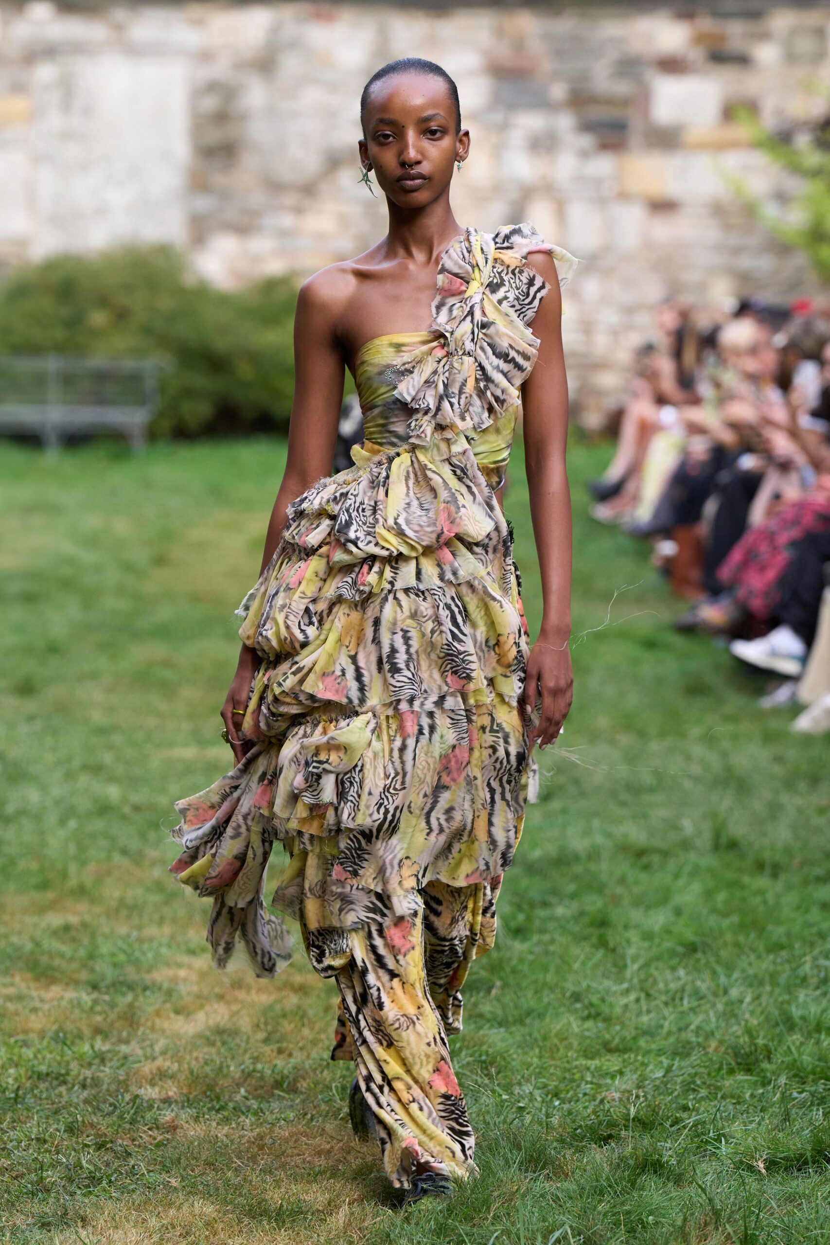 yellow floral ruffled gown