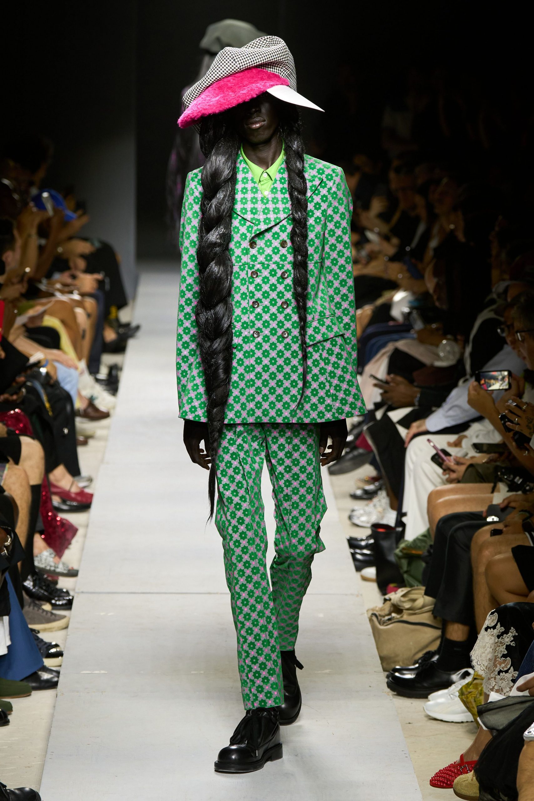 green fitted printed suit