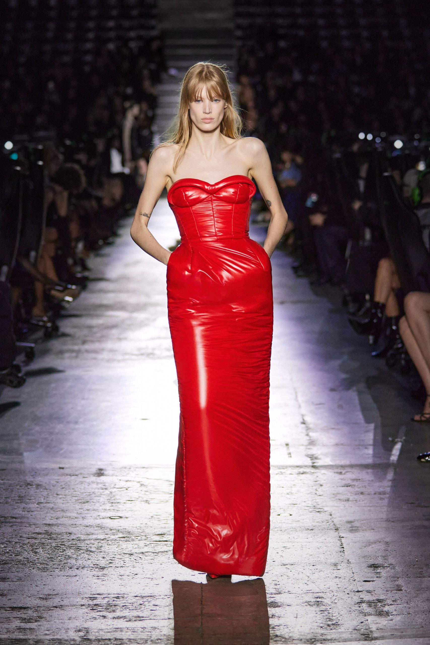 red strapless shiny gown