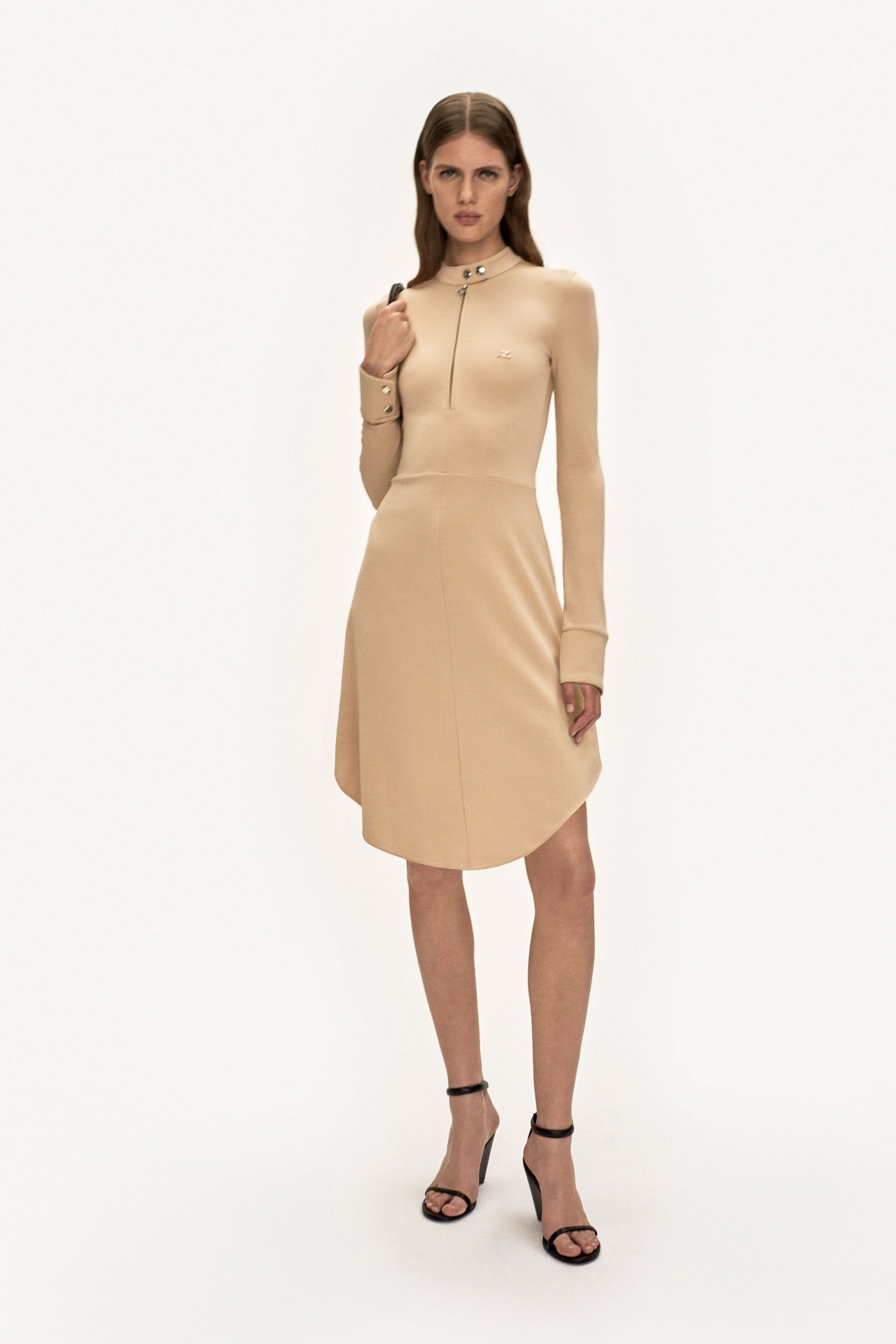 beige fitted midi dress with heels
