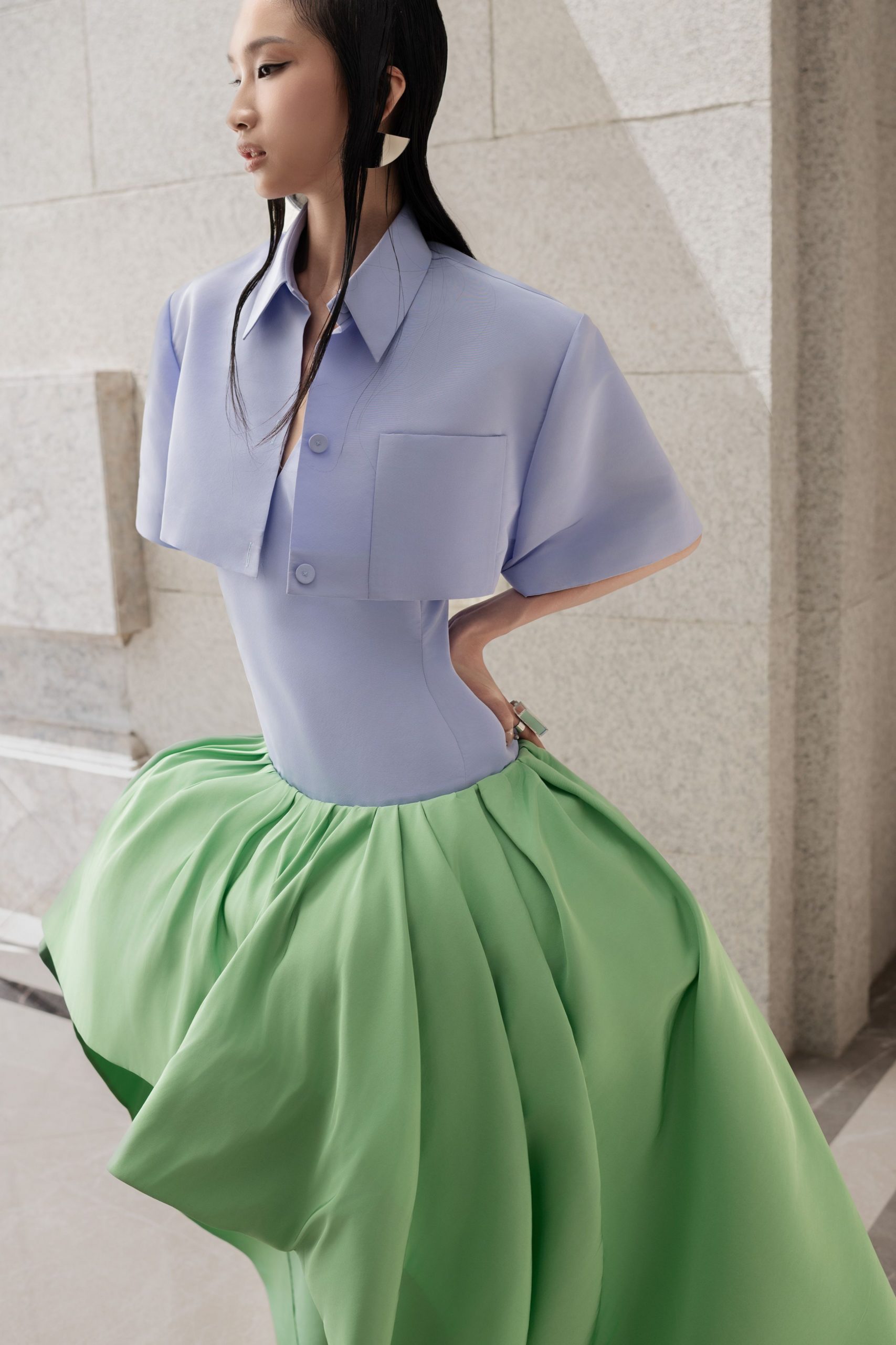 green silk relaxed pleated flowing maxi skirt