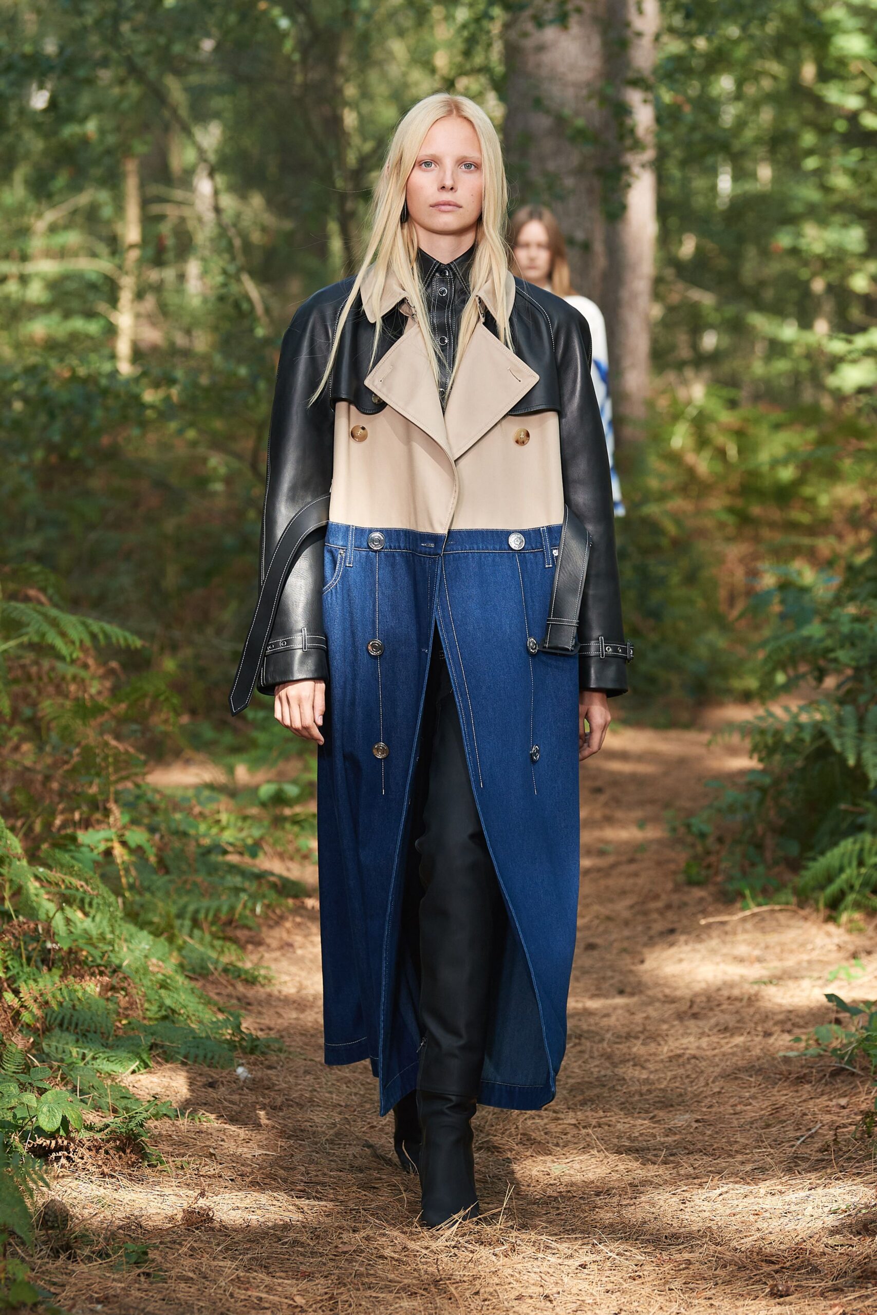 blue denim long-sleeve collared oversized color-blocked buttoned trench
