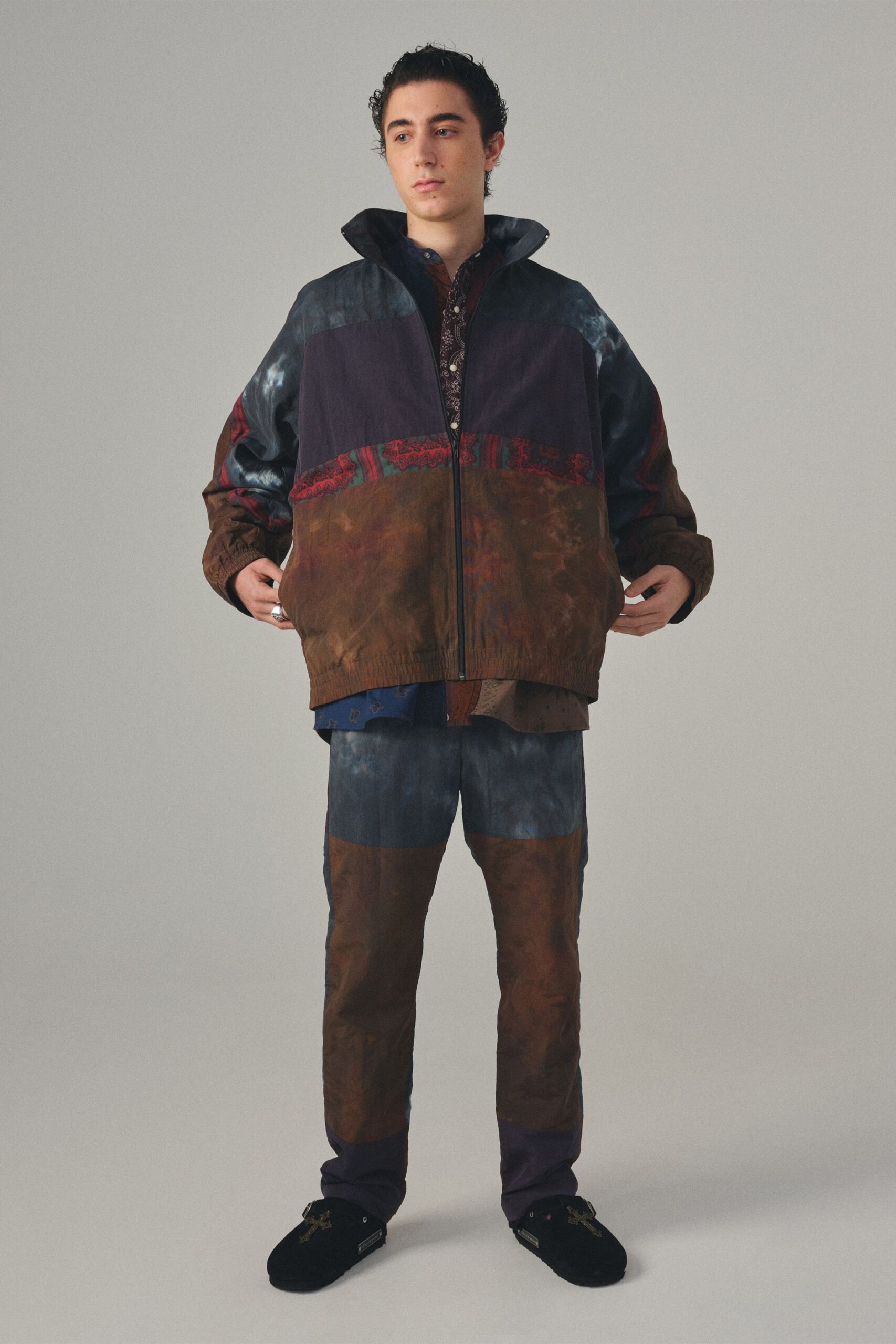 brown unknown long-sleeve high-neck oversized zippered color-blocked jacket