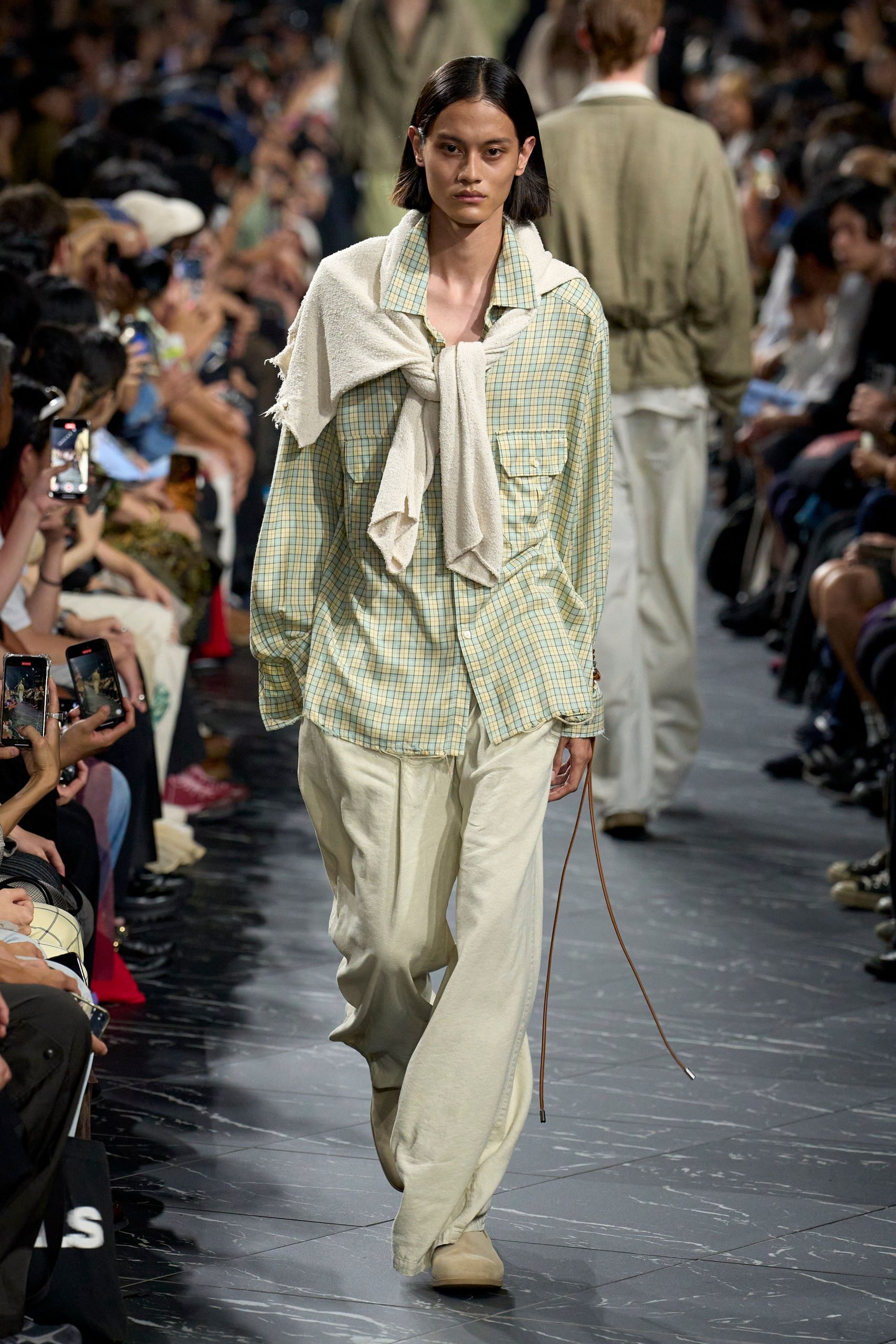relaxed green checked shirt with beige pants