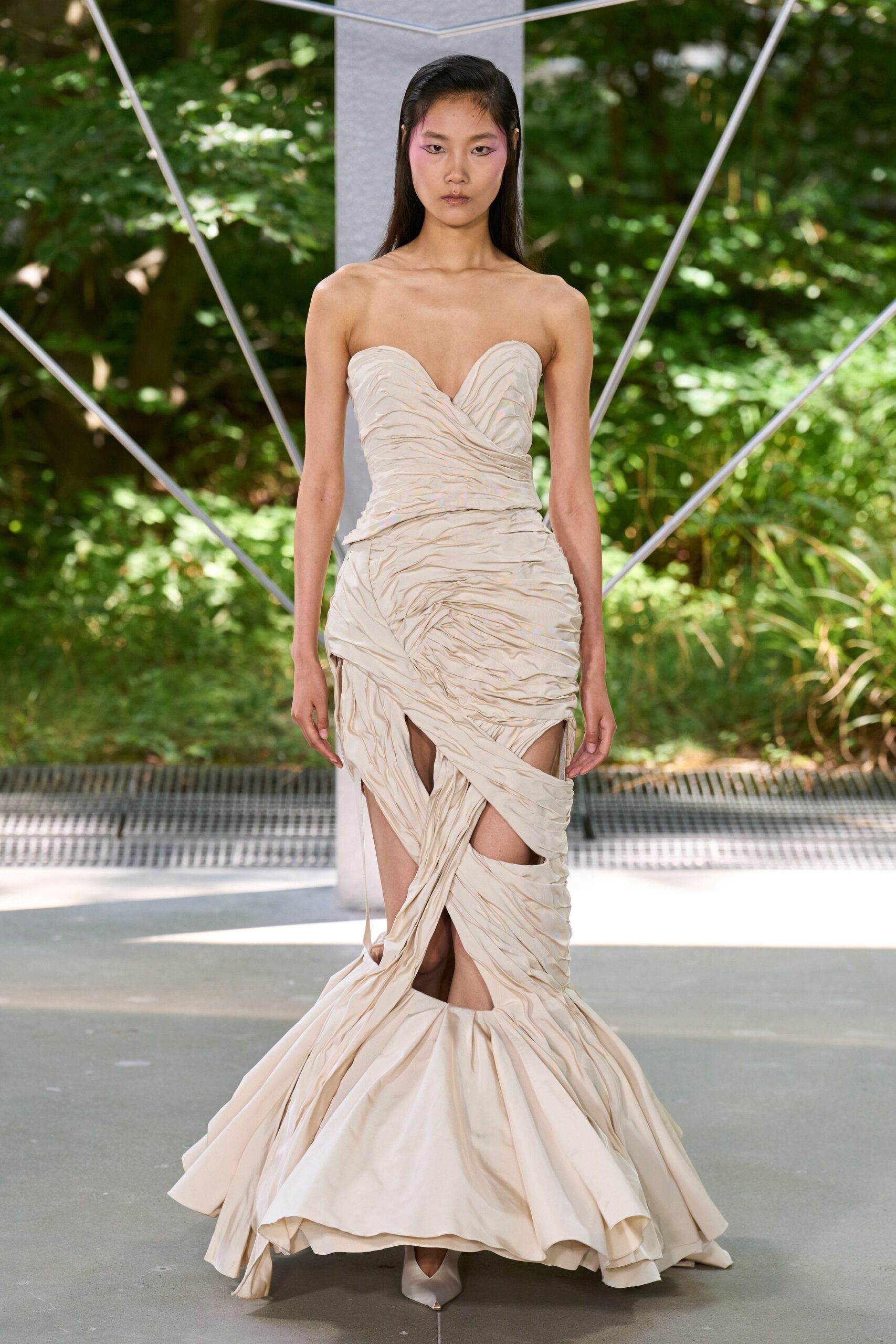 beige silk strapless slit fitted ruched flowing gown