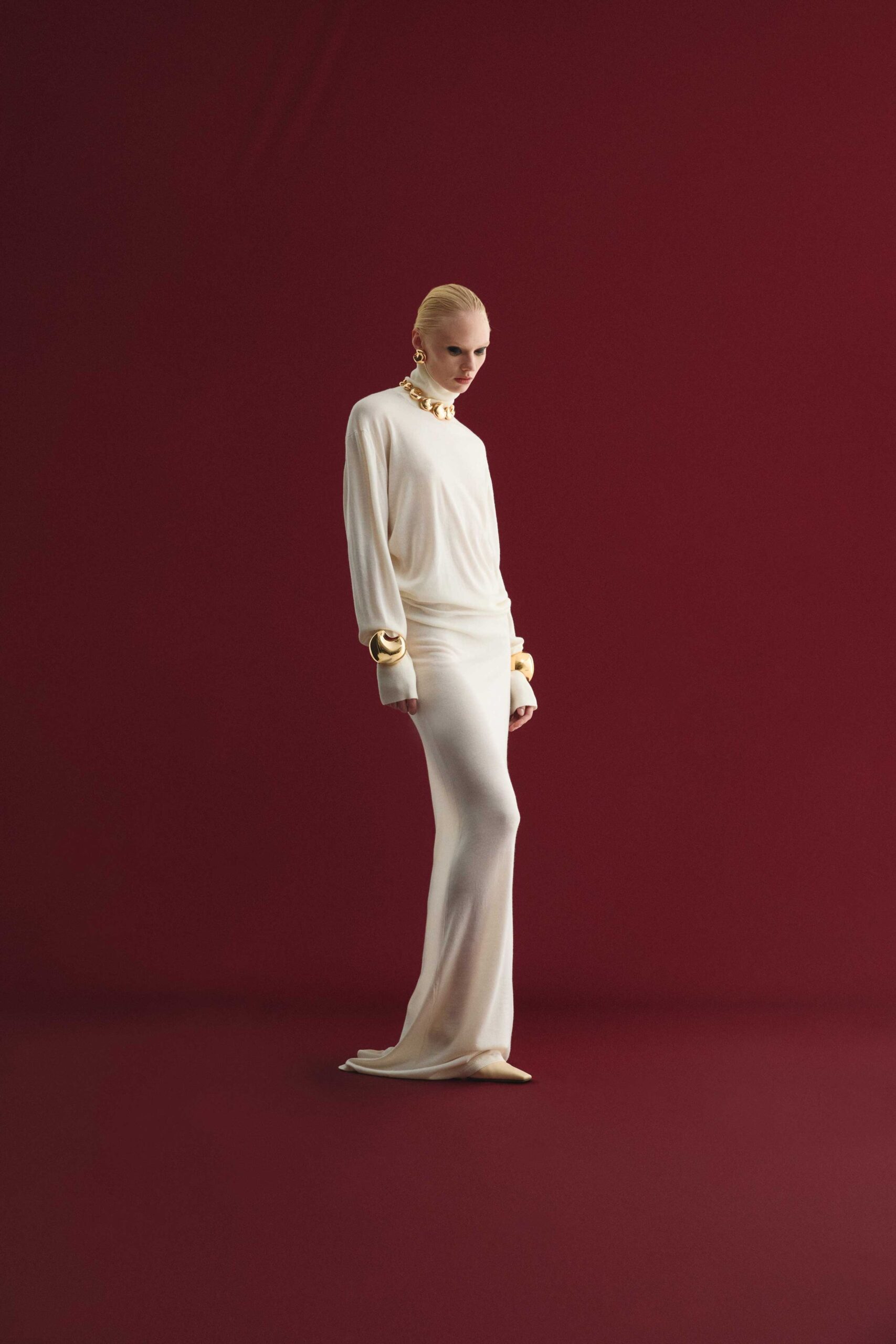 white silk fitted gown
