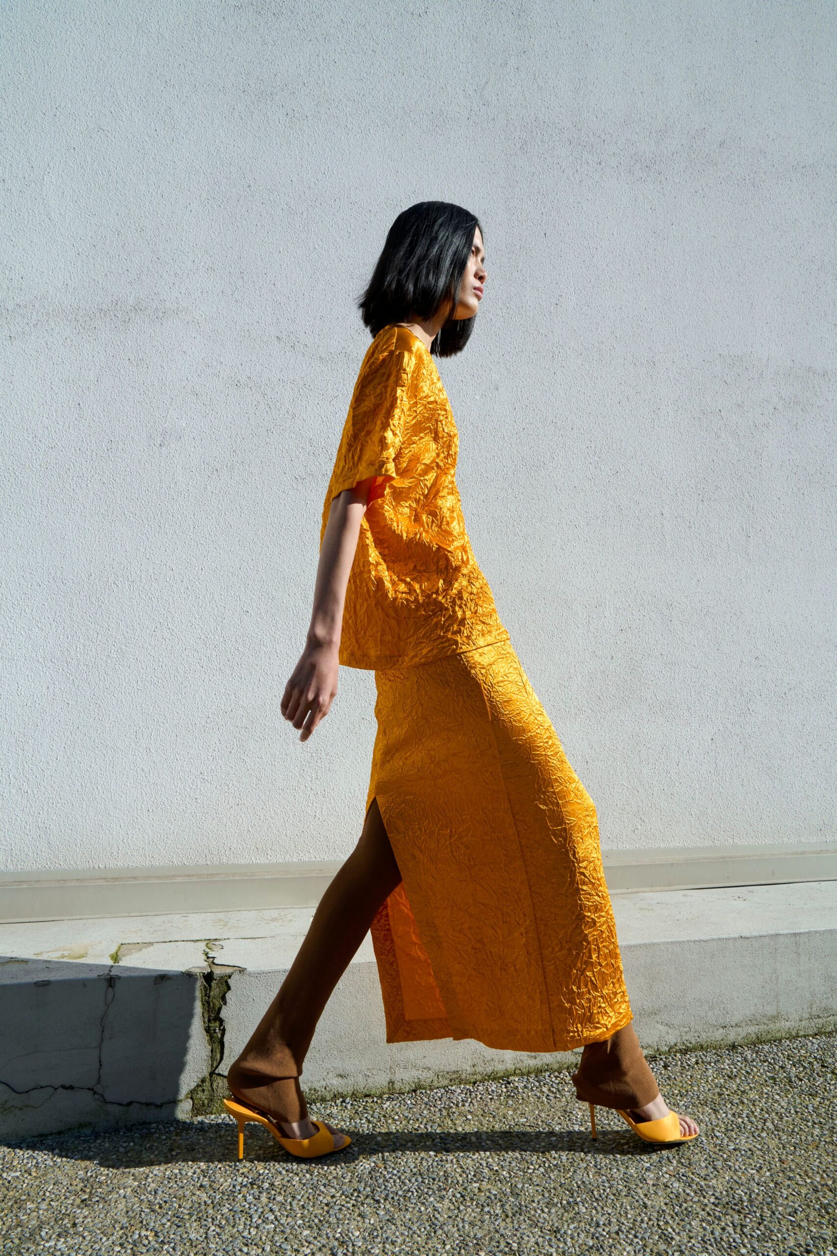 yellow silk short-sleeve v-neck fitted textured shiny dress