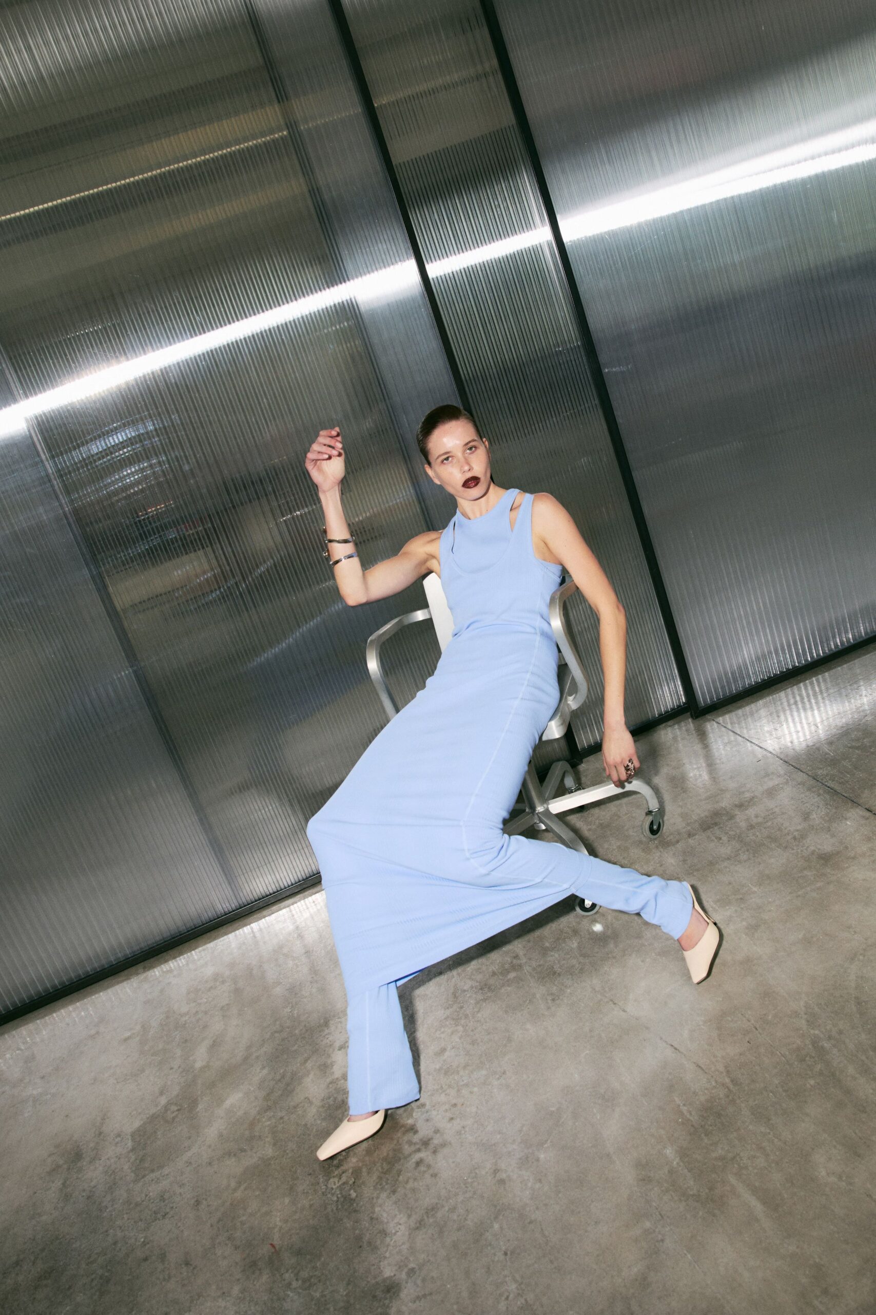 blue cotton sleeveless high-neck fitted straight-leg maxi dress