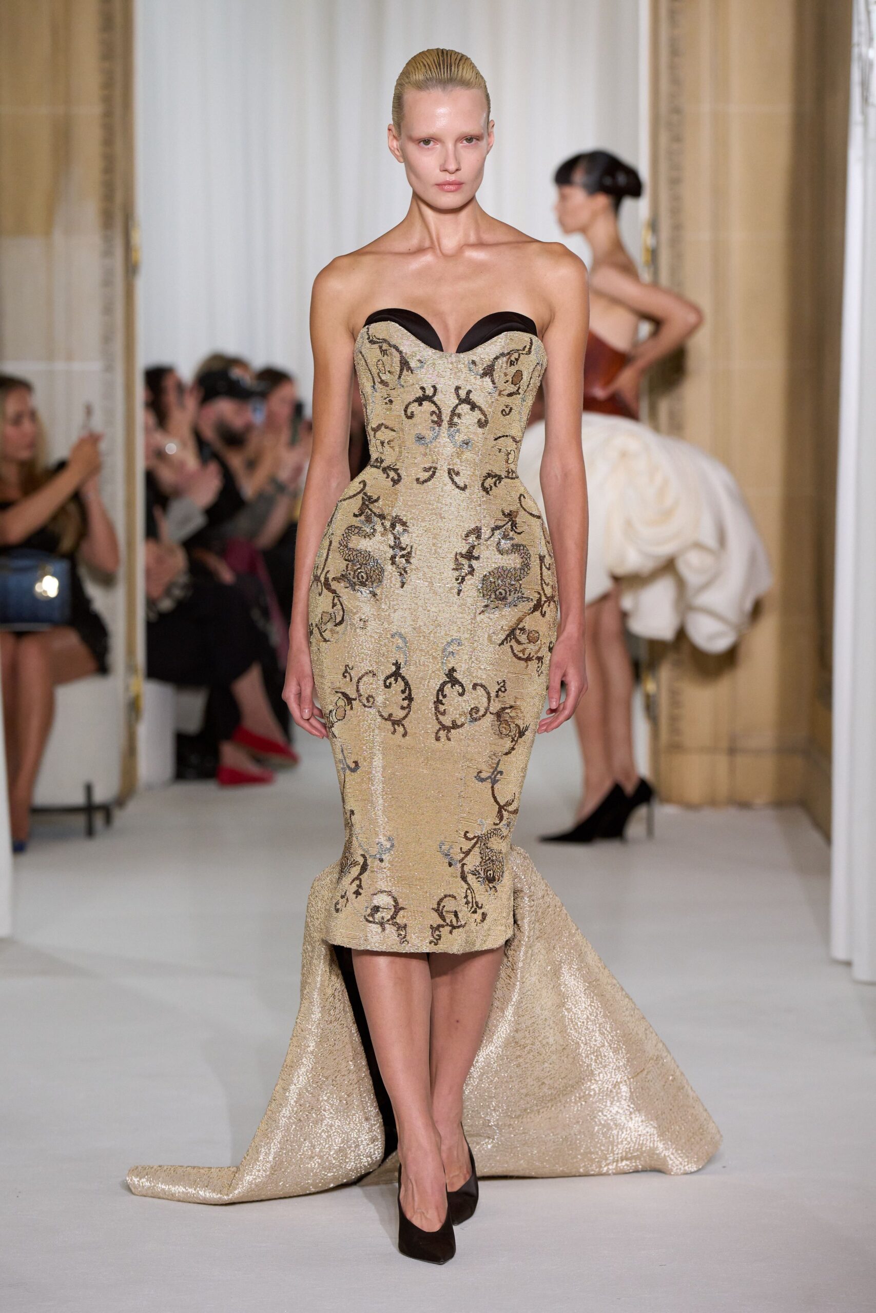 gold silk strapless fitted embroidered flared shiny gown