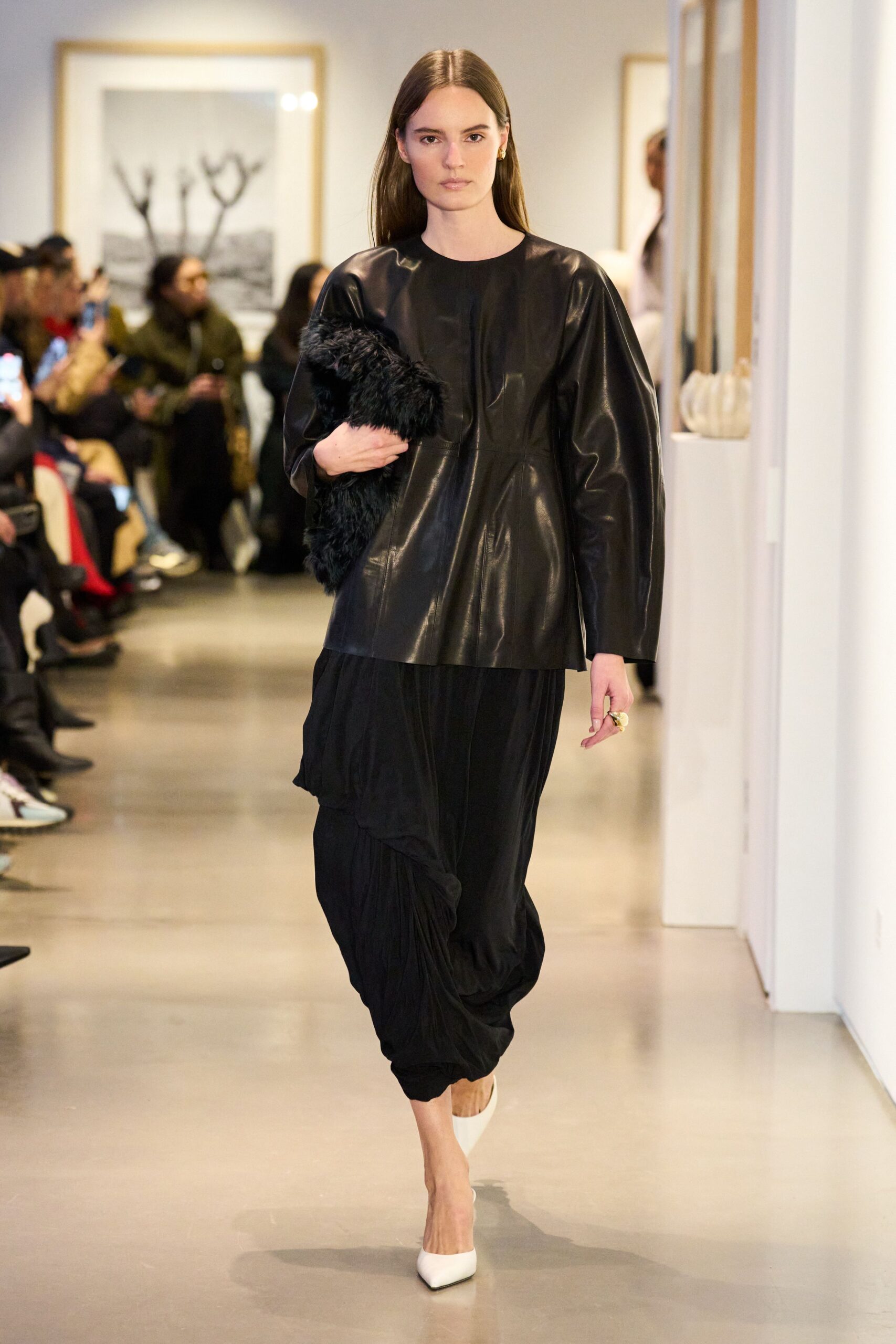 black leather top with relaxed pants