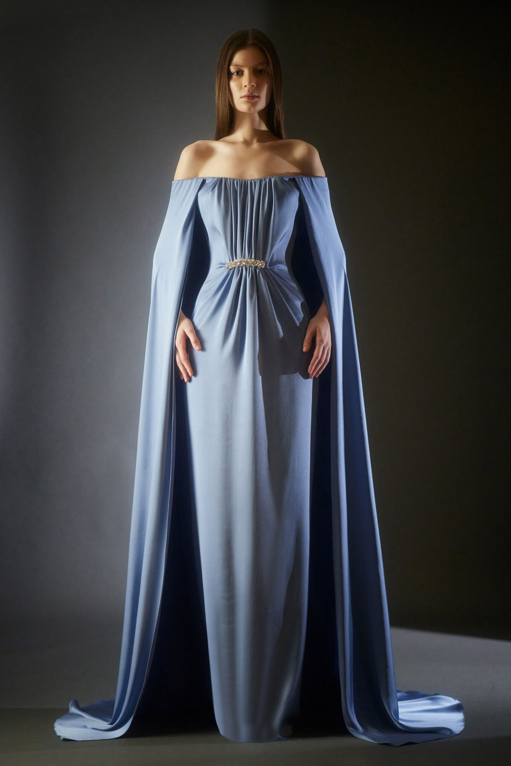 blue silk off-shoulder gown