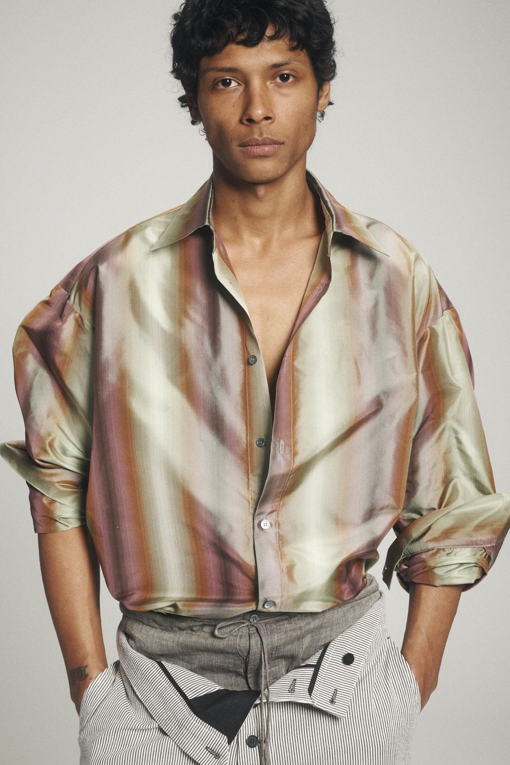 beige silk long-sleeve collared oversized buttoned printed shirt