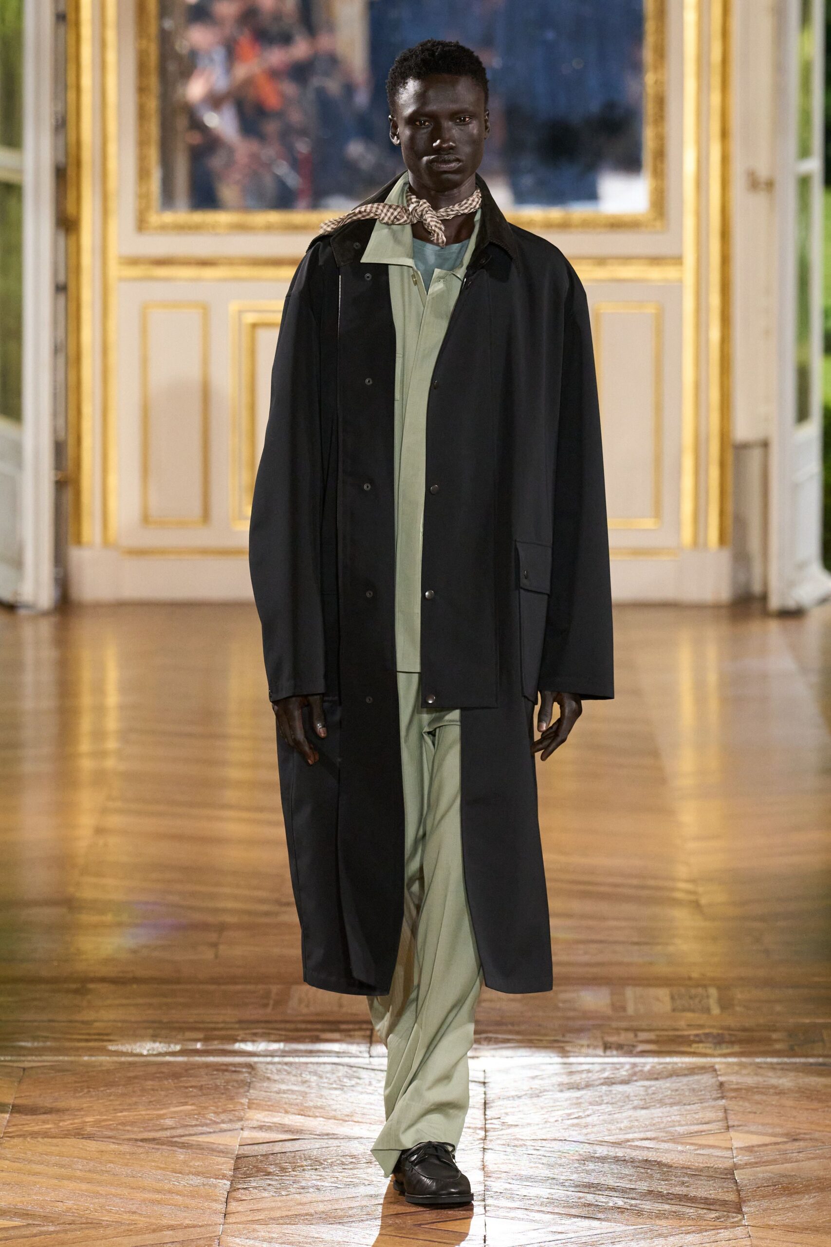 green cotton long-sleeve collared fitted jumpsuit
