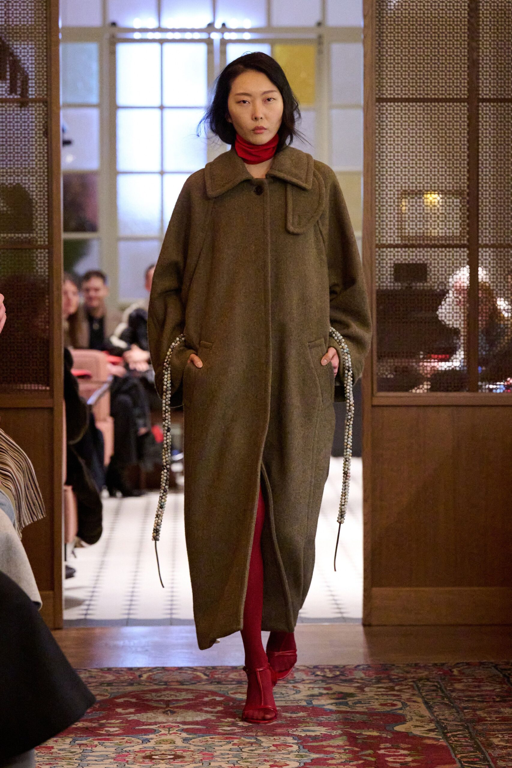 brown wool relaxed coat with red top