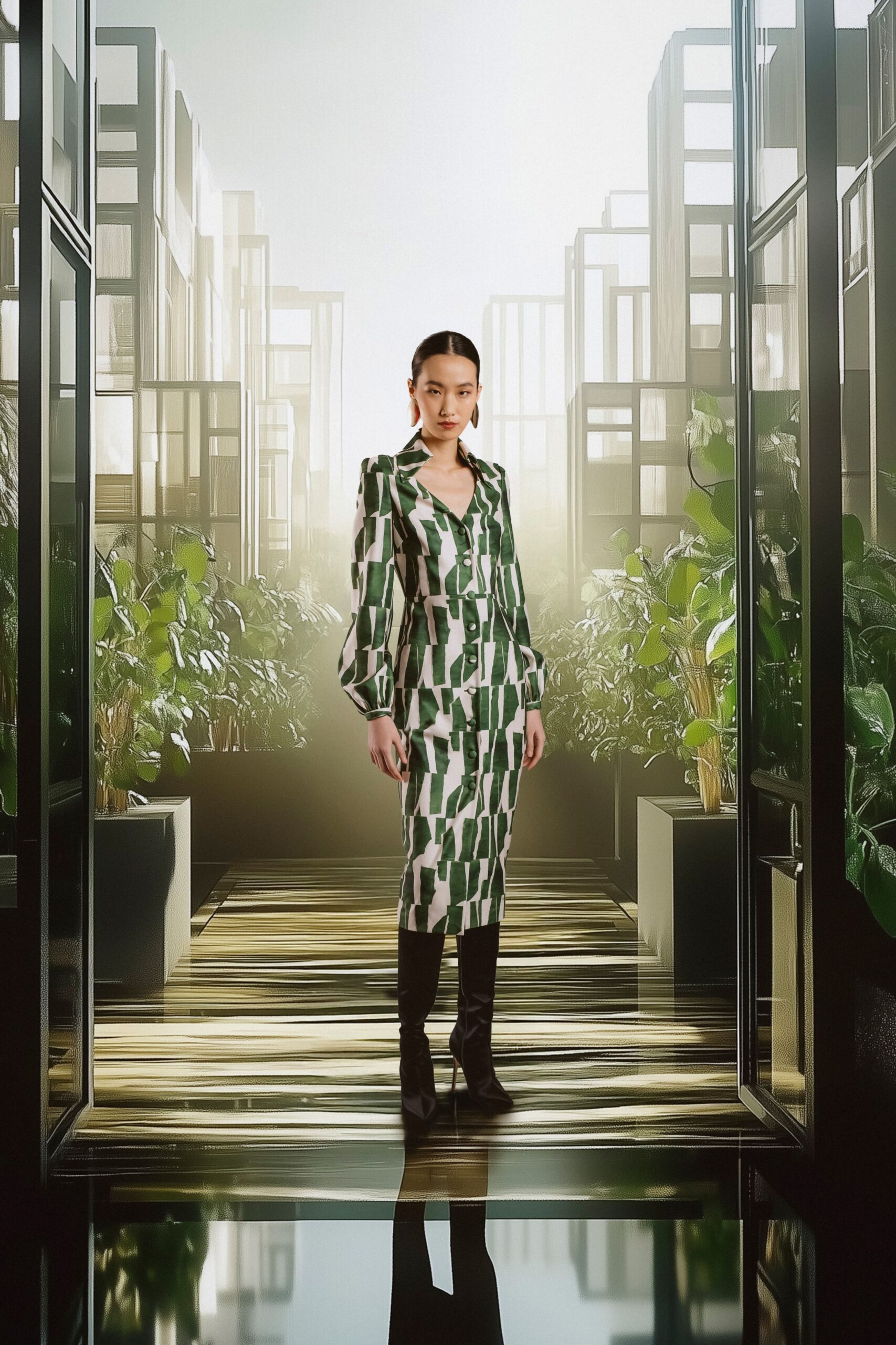 green cotton long-sleeve collared fitted printed pencil dress