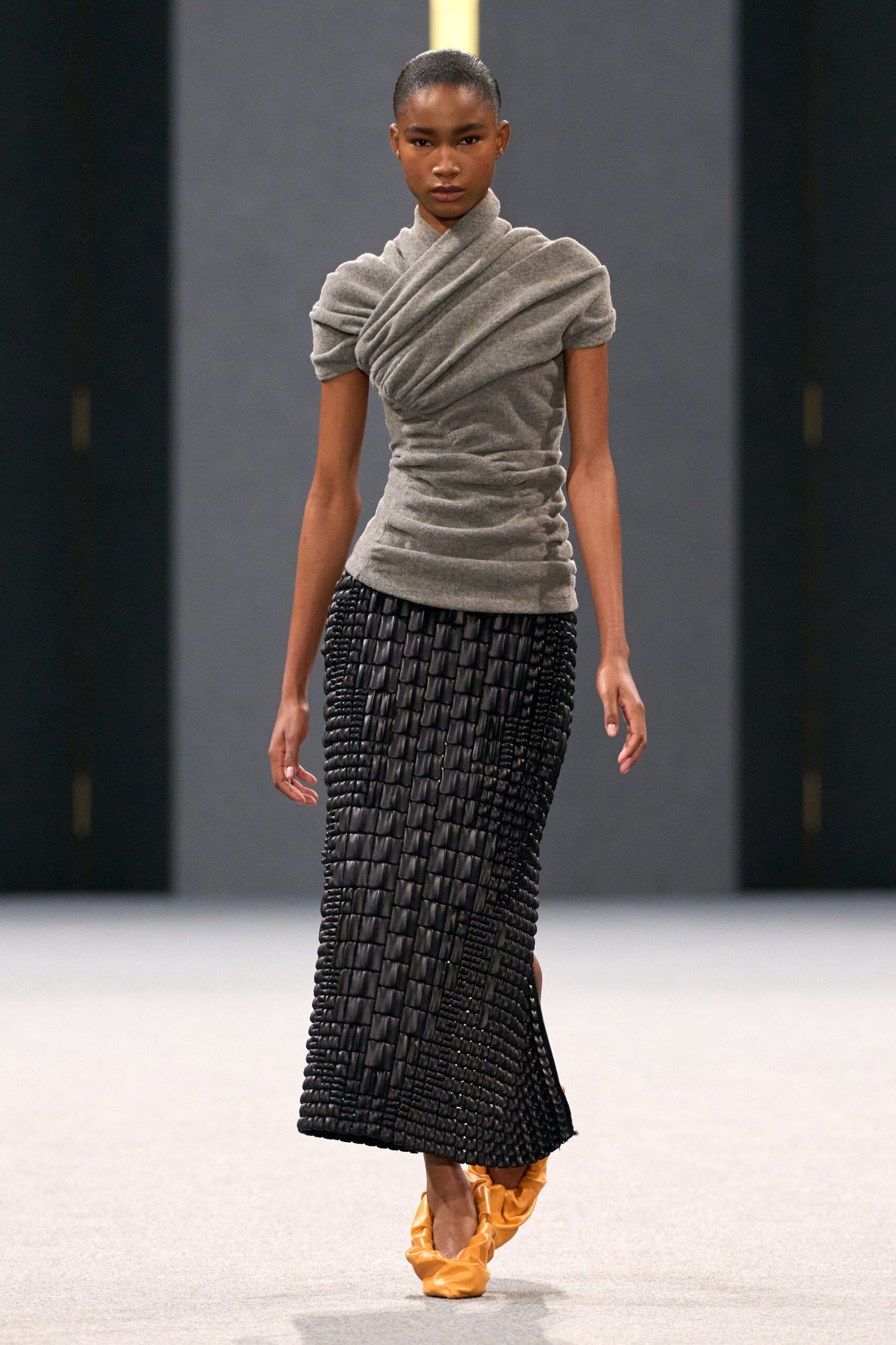 gray silk short-sleeve v-neck fitted draped top