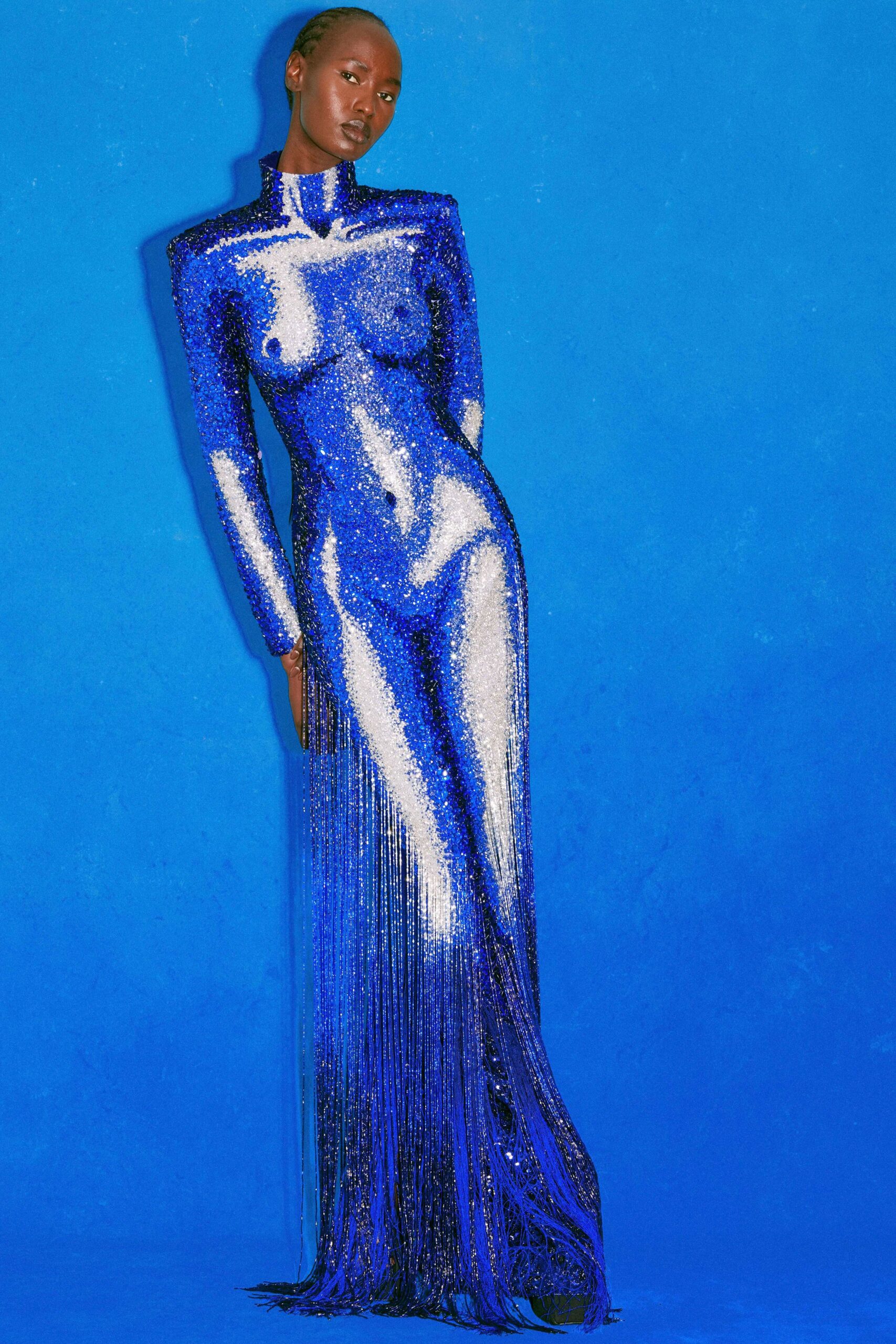 blue sequin long-sleeve gown