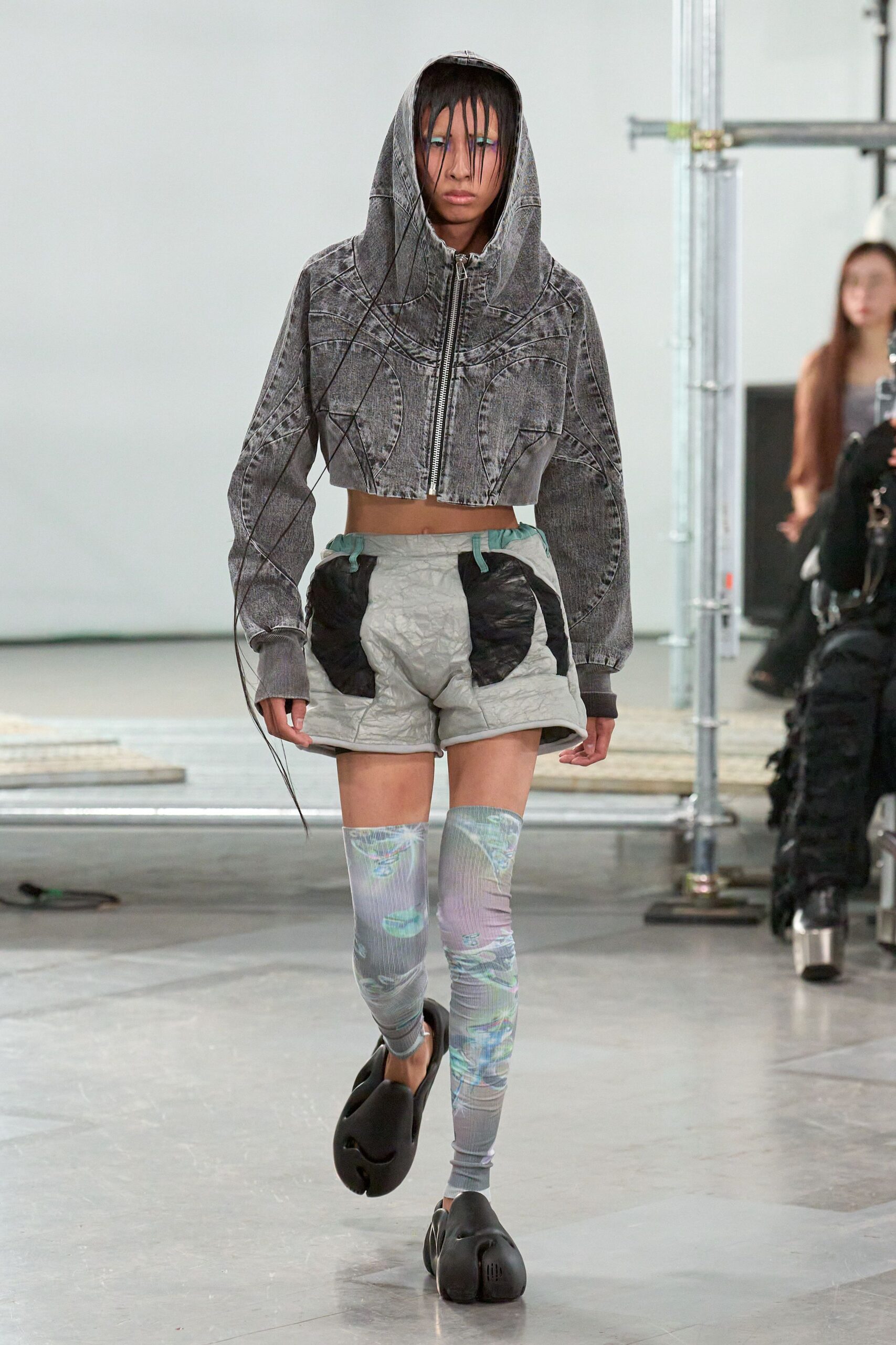 gray denim jacket with shorts