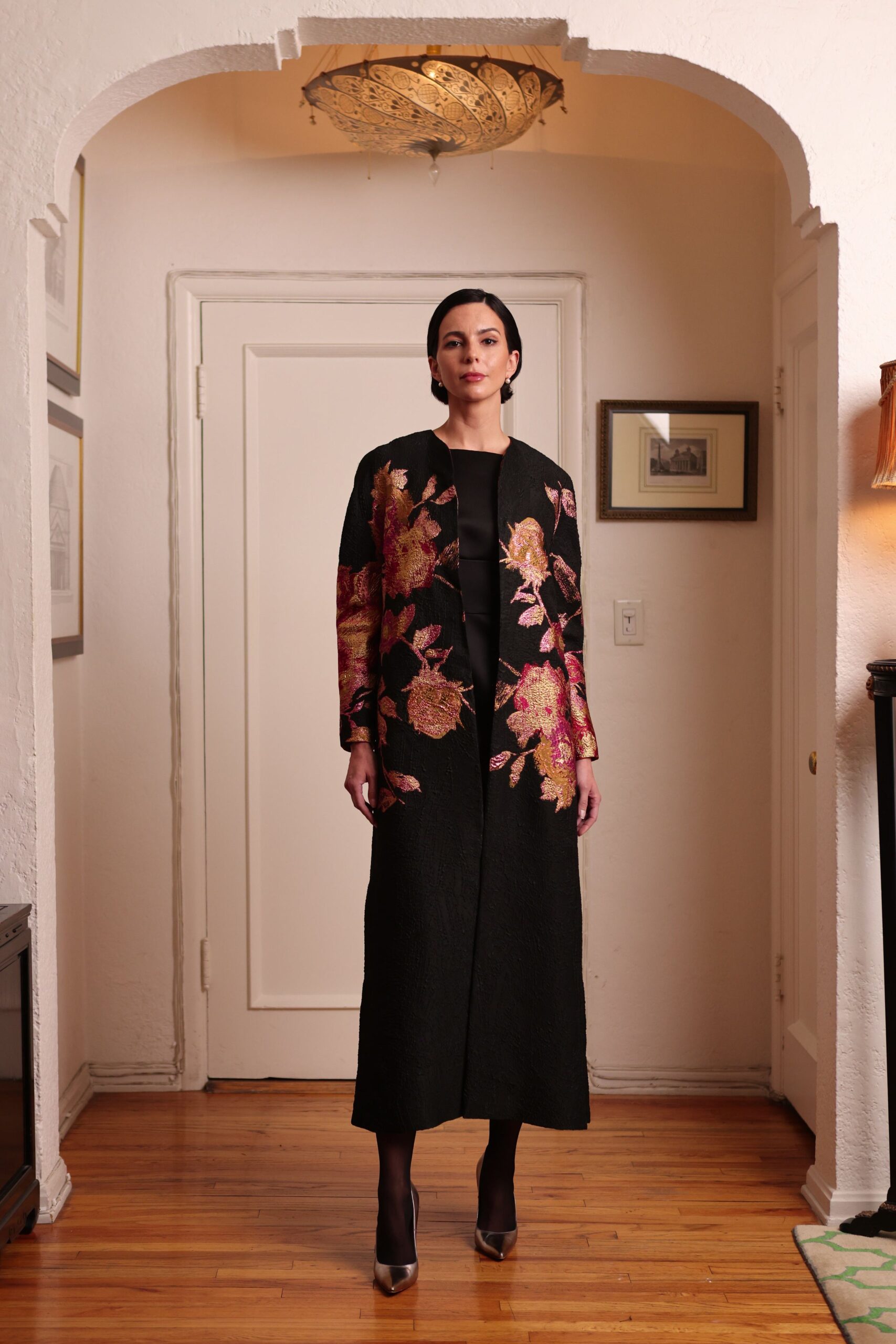 black silk long-sleeve collared fitted embroidered maxi coat