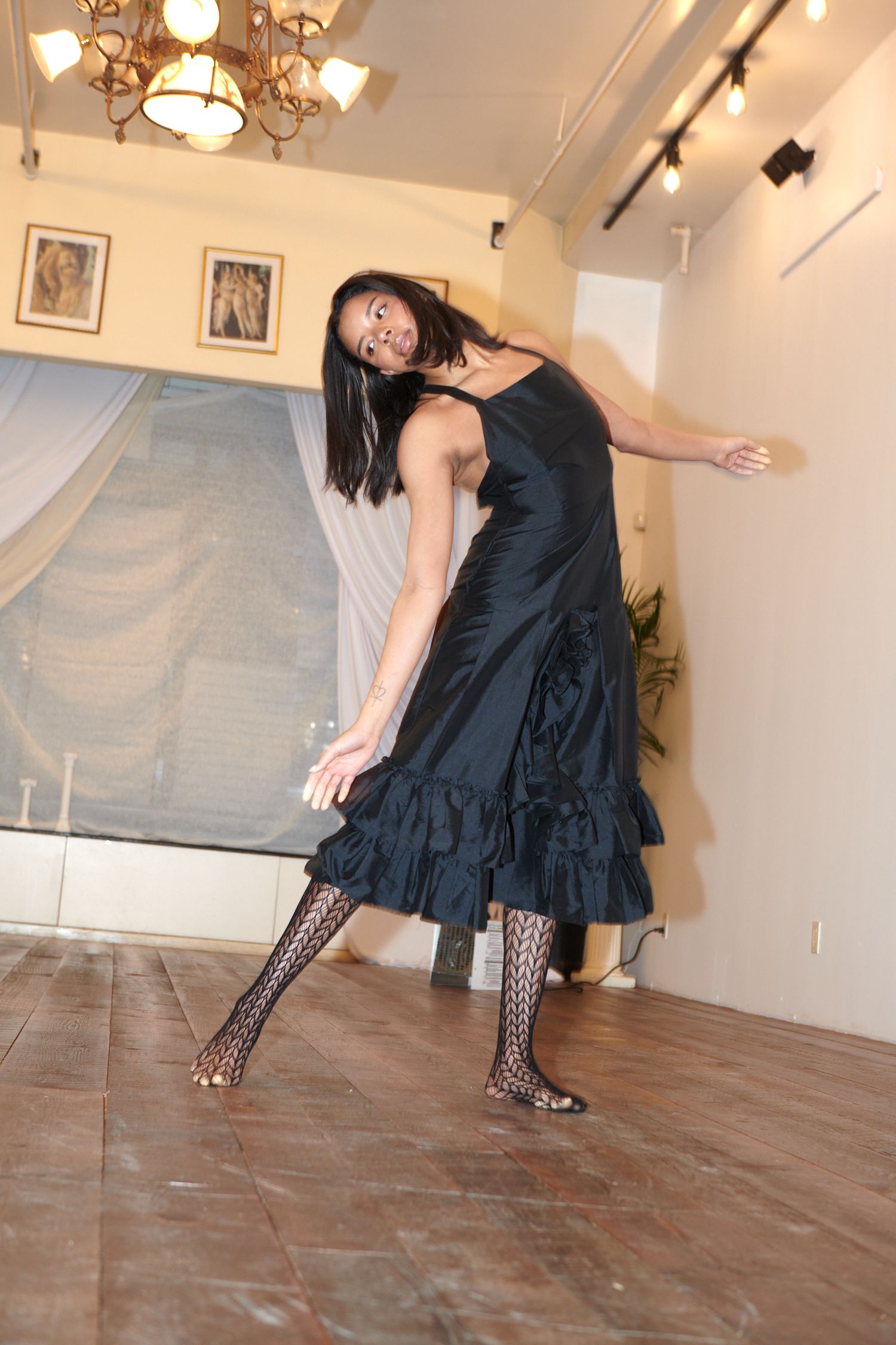 black silk ruffled midi dress