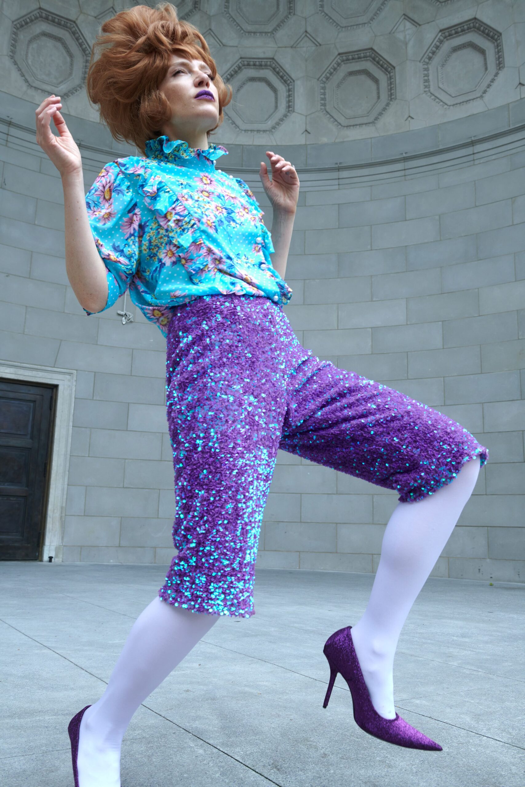 blue silk short-sleeve high-neck relaxed ruffled printed blouse