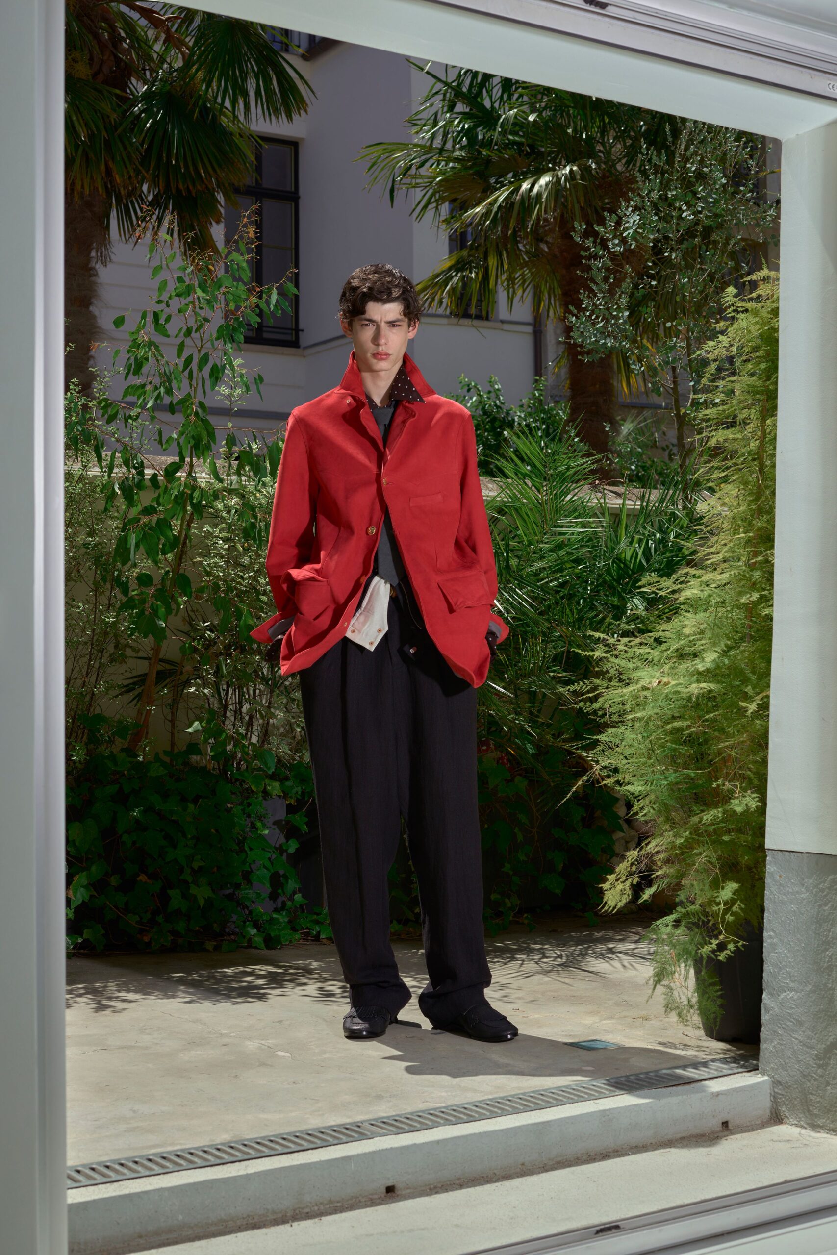red cotton long-sleeve collared oversized longline jacket