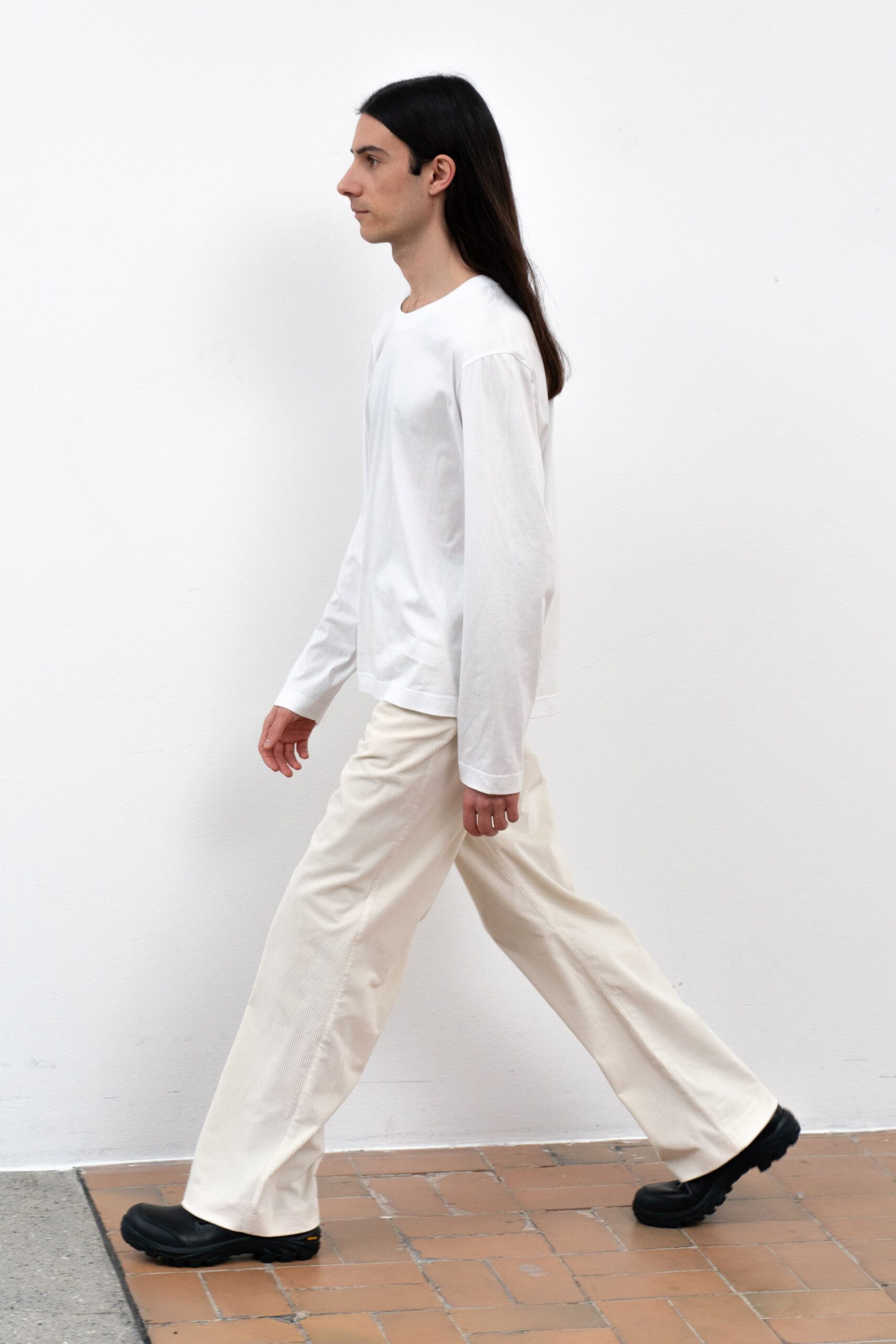 white relaxed shirt beige wide-leg pants