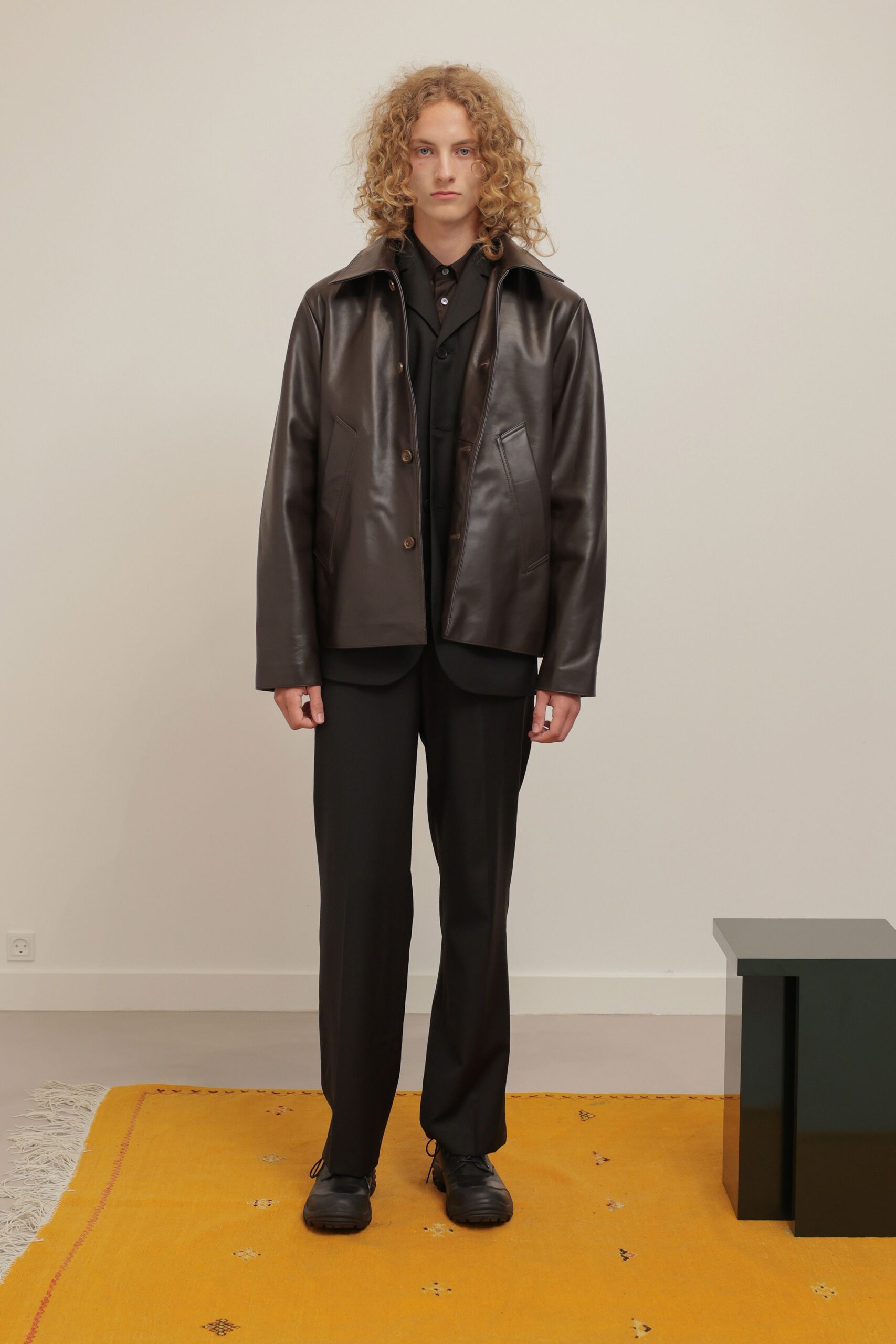 brown leather long-sleeve collared structured buttoned pockets jacket