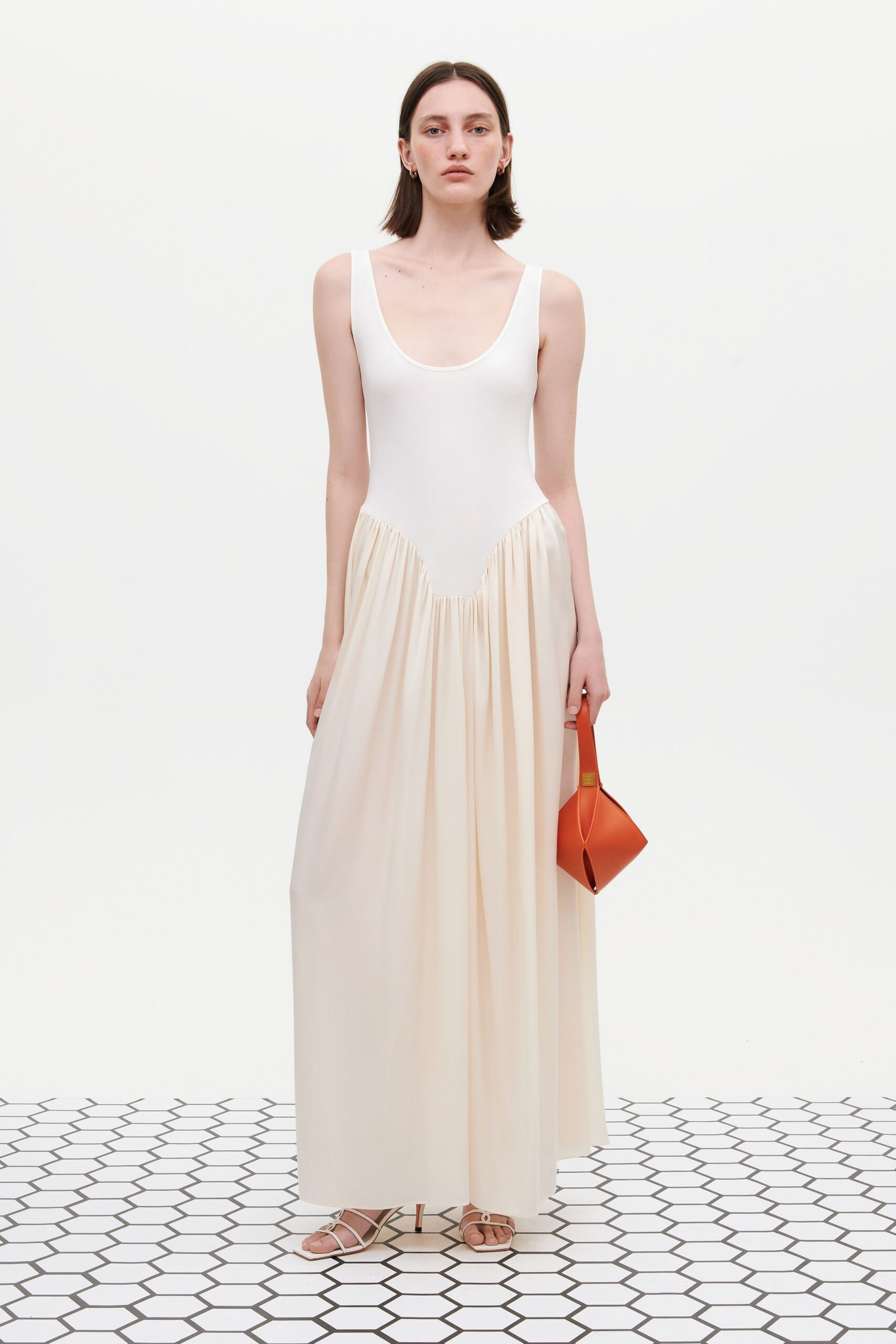 white beige pleated maxi dress