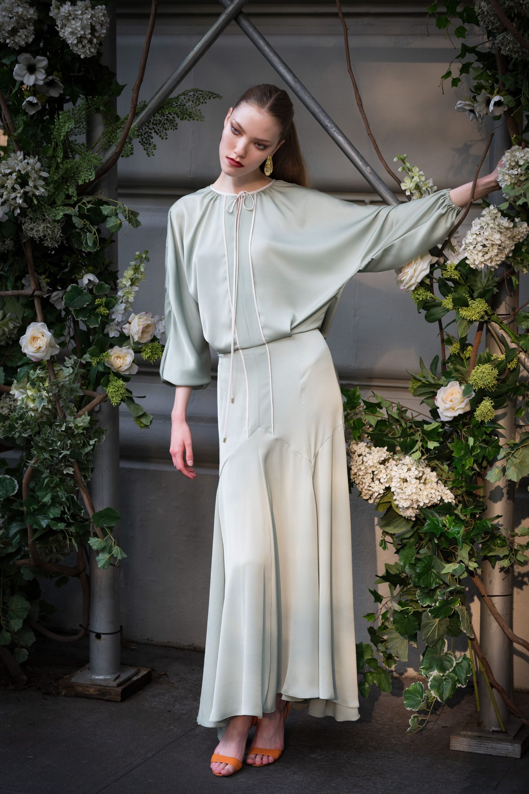 green silk high-waisted draped flowing maxi skirt