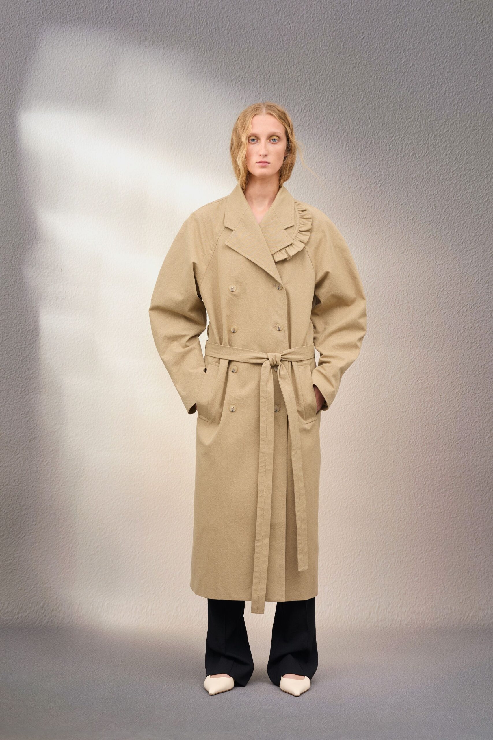 beige cotton long-sleeve collared relaxed ruffled belted coat