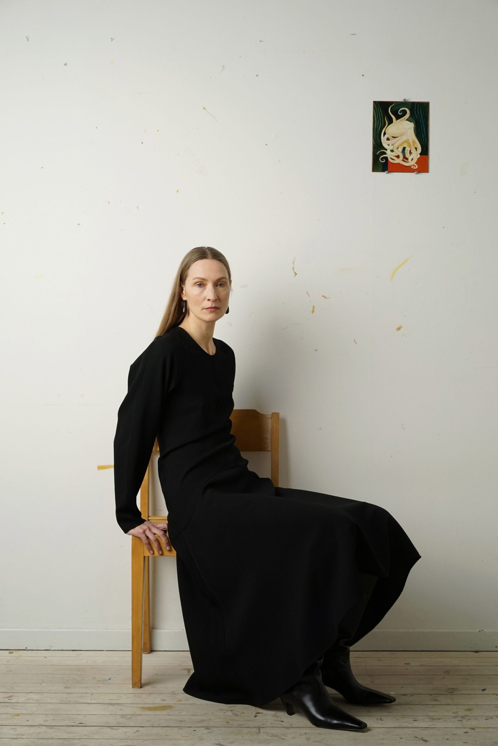 black wool maxi dress with boots