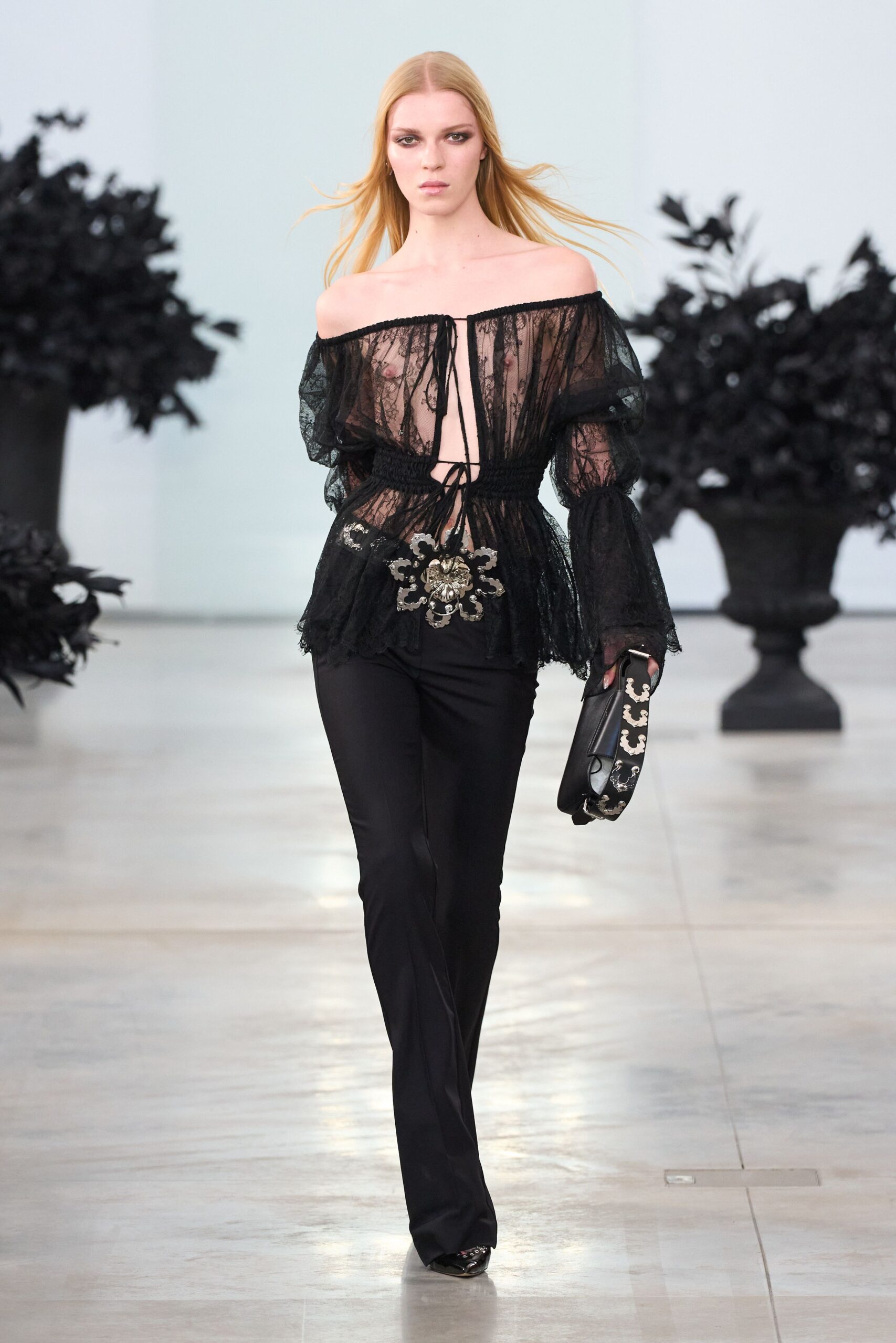 black lace long-sleeve off-shoulder fitted ruffled embroidered top