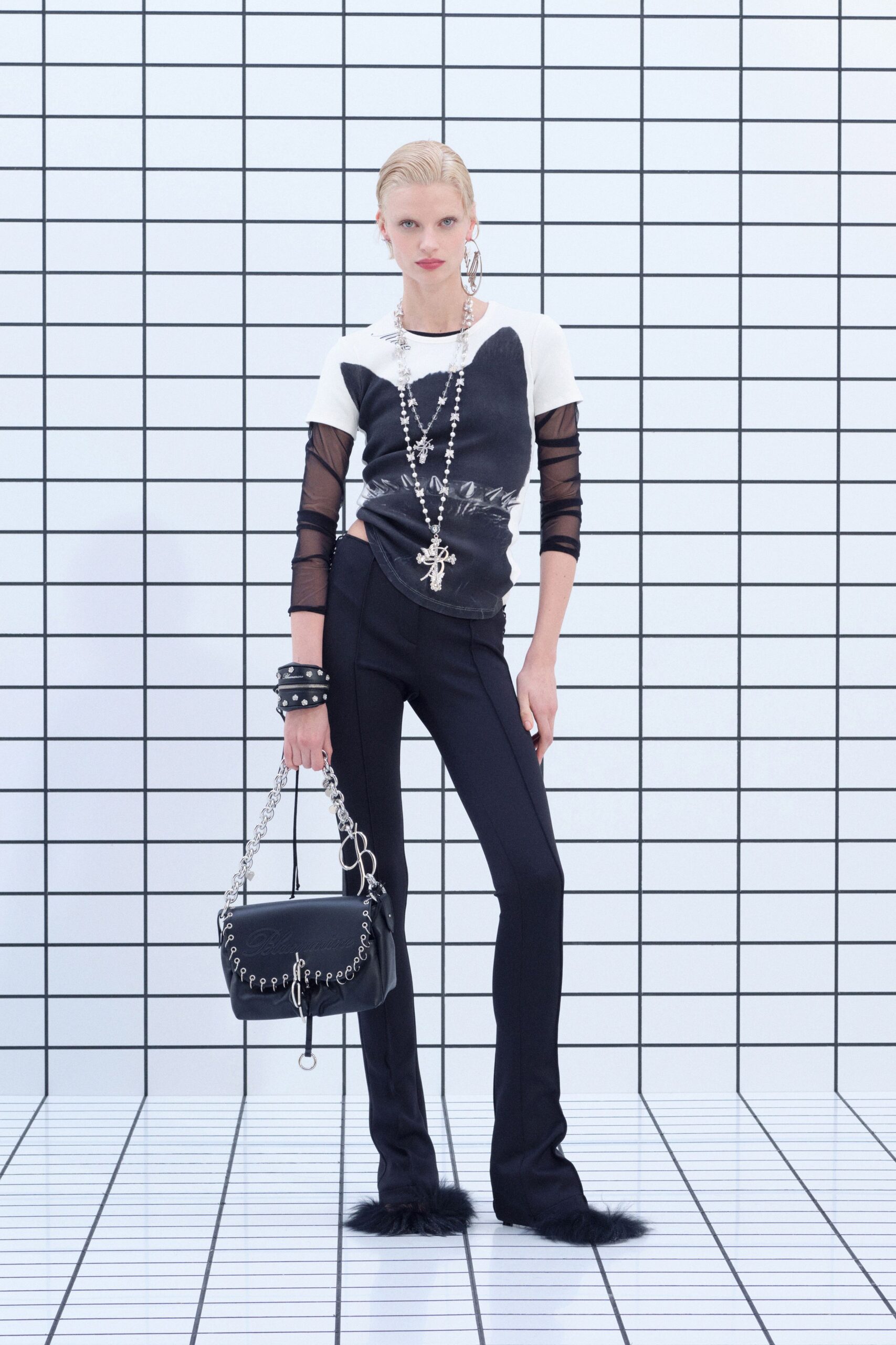 black and white fitted top with pants