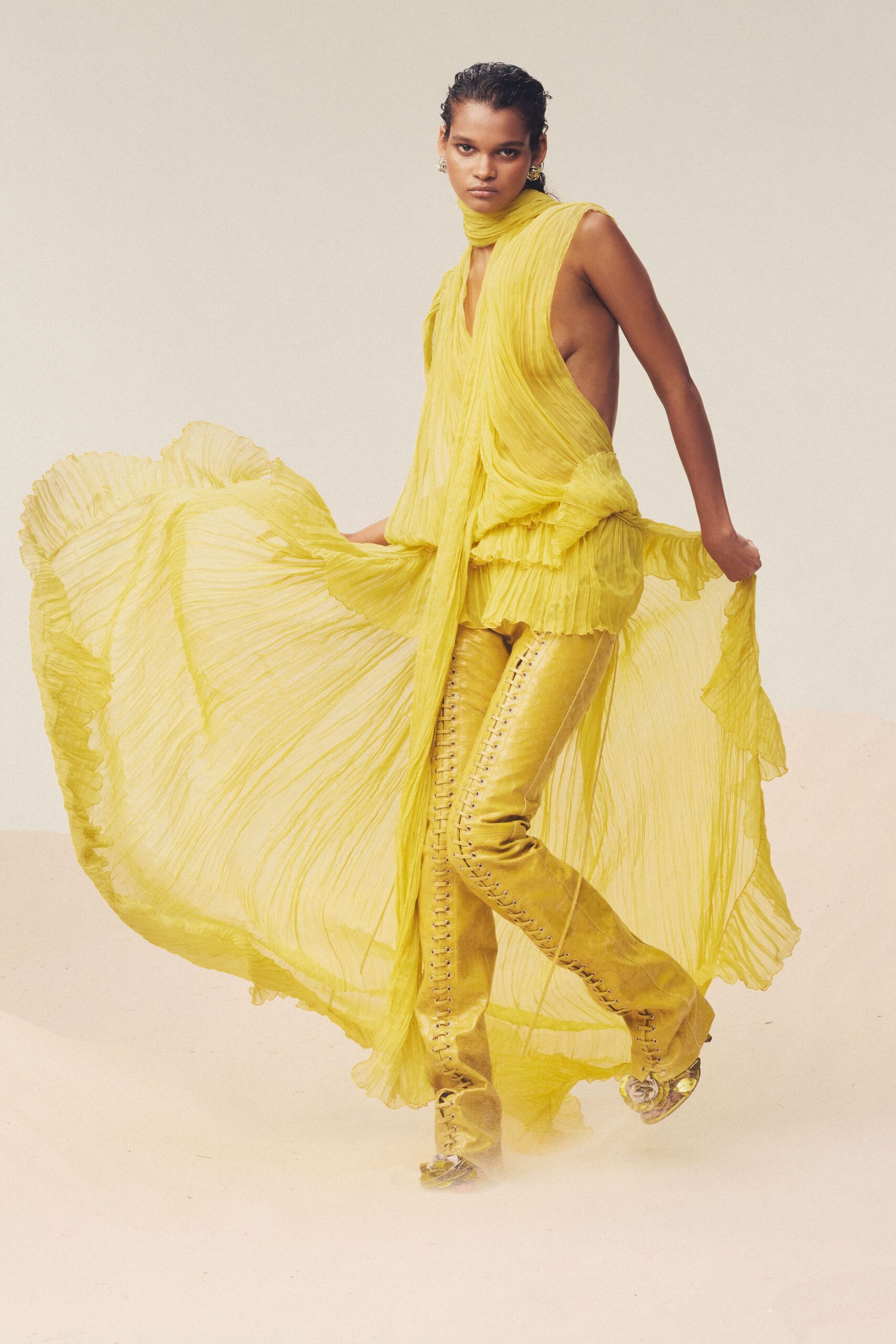 yellow chiffon sleeveless v-neck relaxed pleated draped top