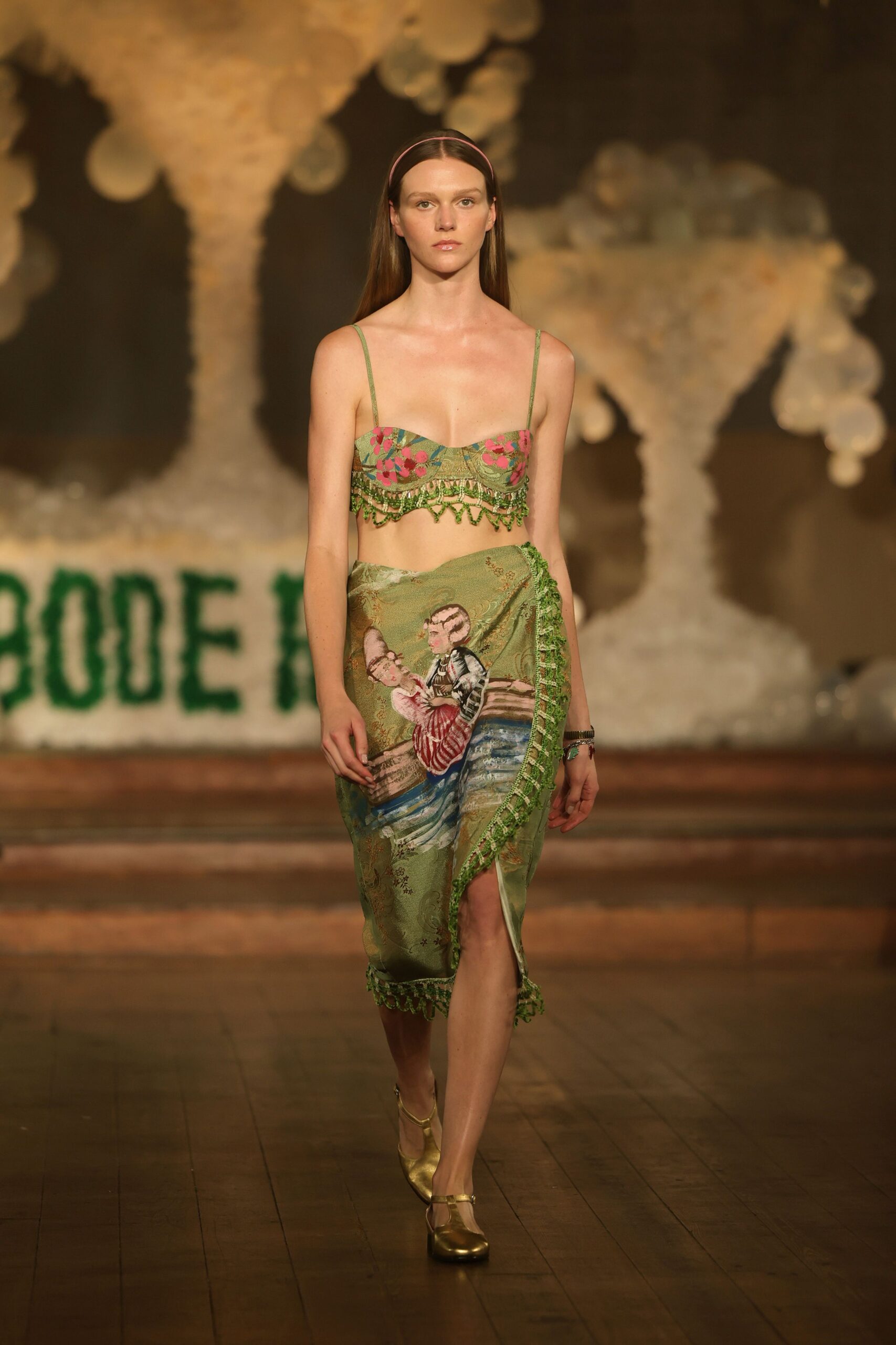 green silk sleeveless v-neck fitted embroidered tiered dress