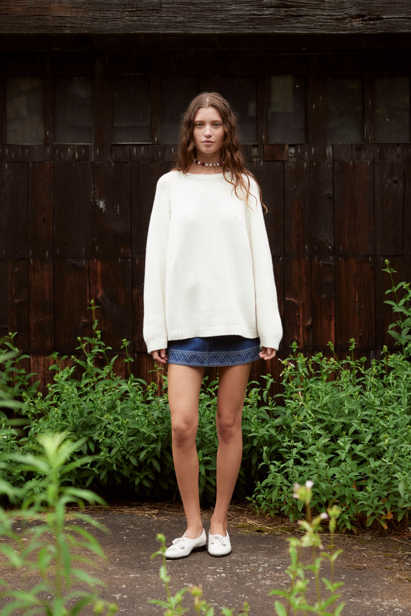 white cotton long-sleeve collared oversized cropped sweater
