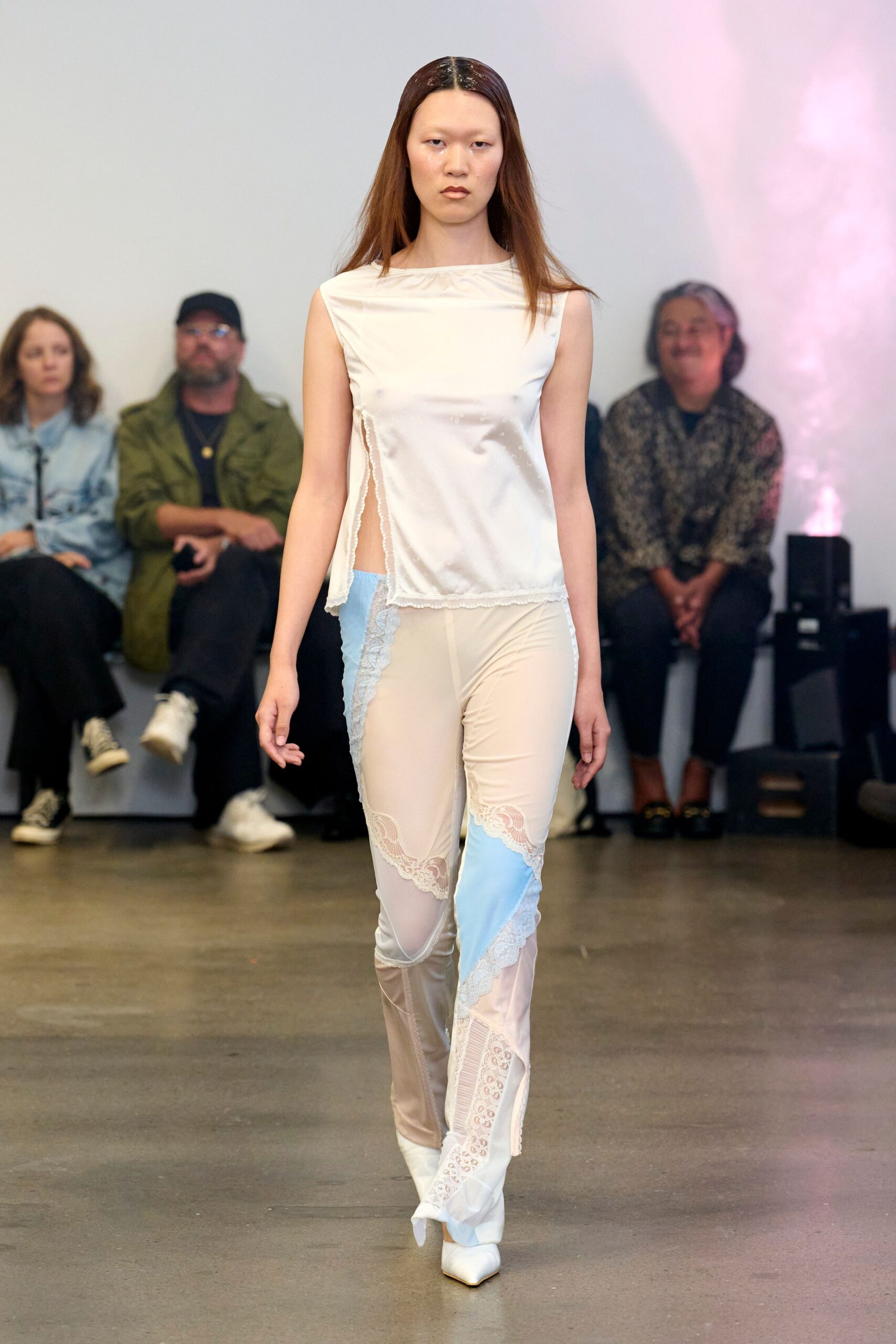 white satin sleeveless high-neck fitted layered shiny top
