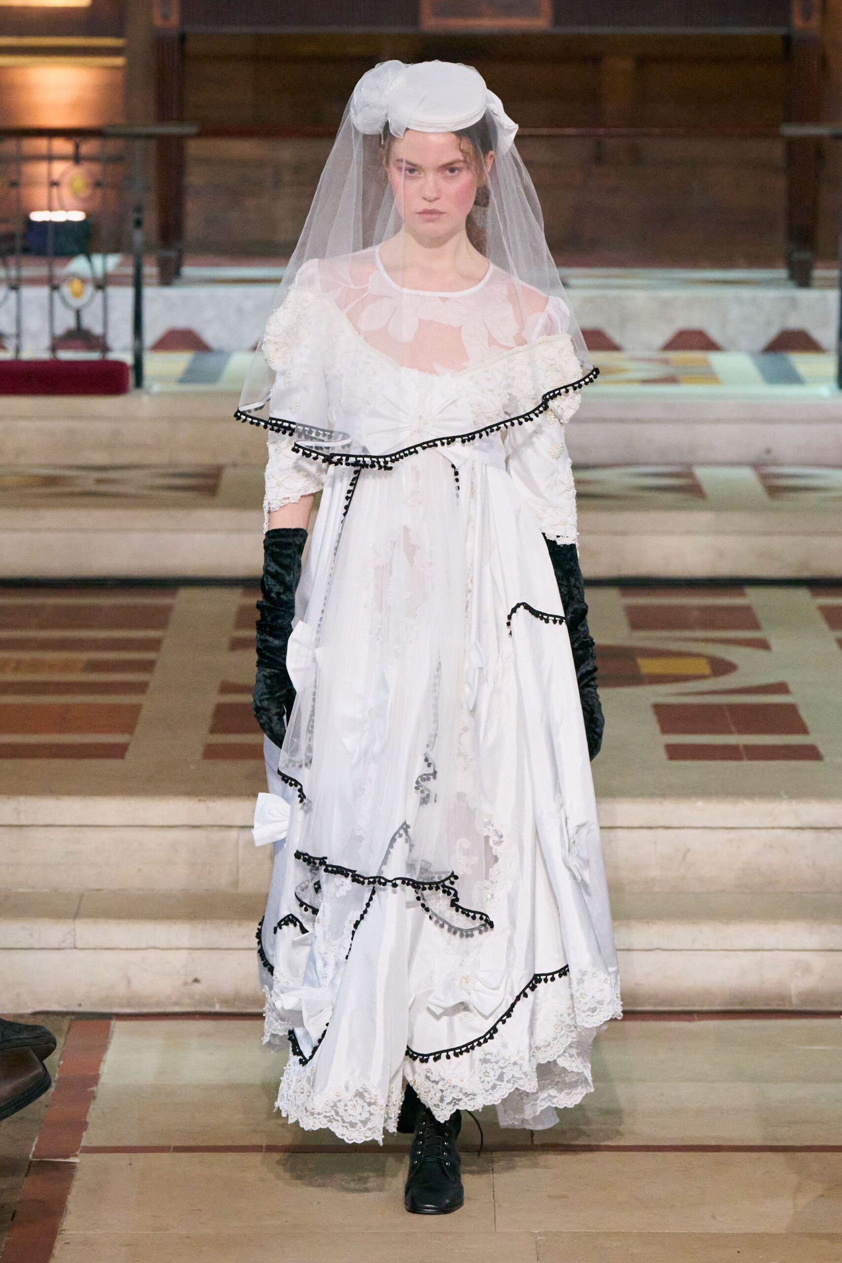 white lace long-sleeve off-shoulder fitted ruffled layered dress