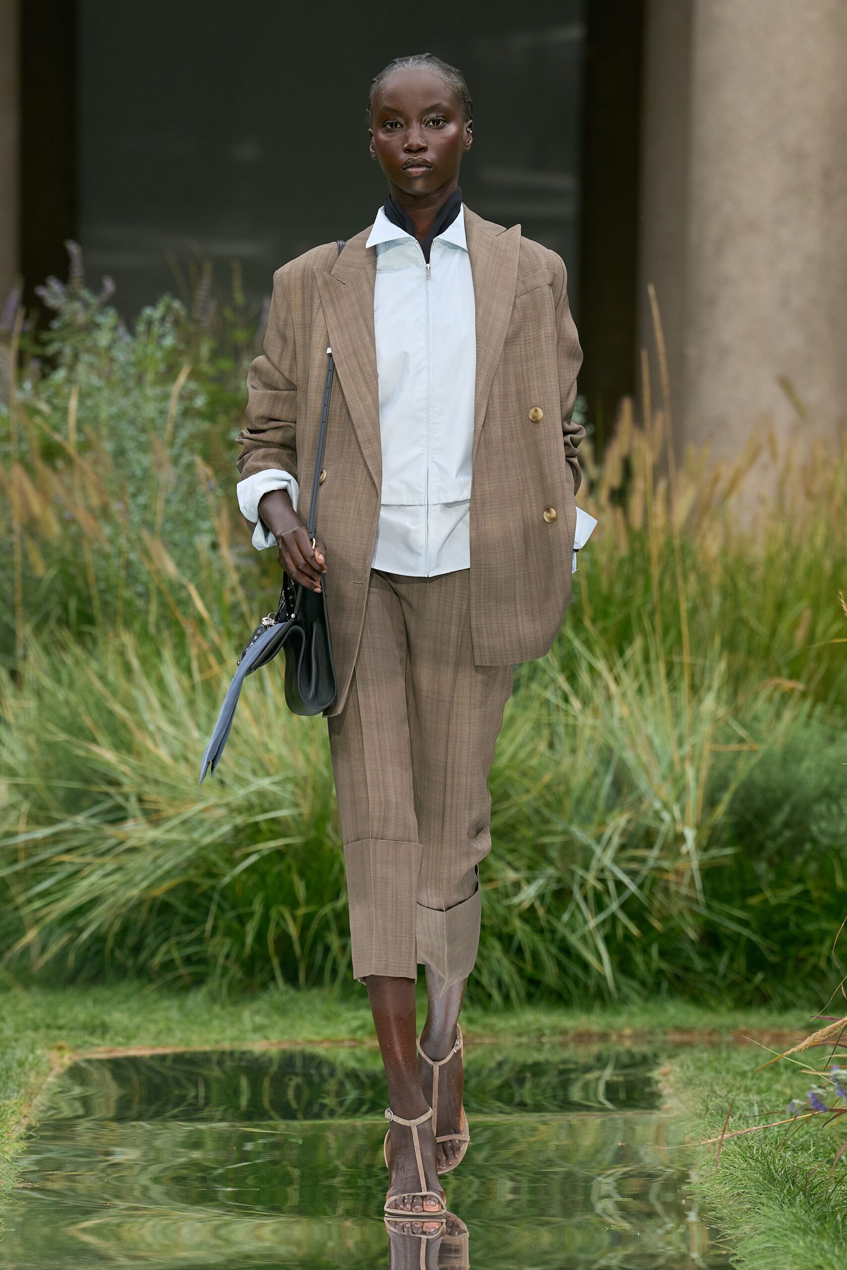 brown cotton tailored straight-leg cropped pants