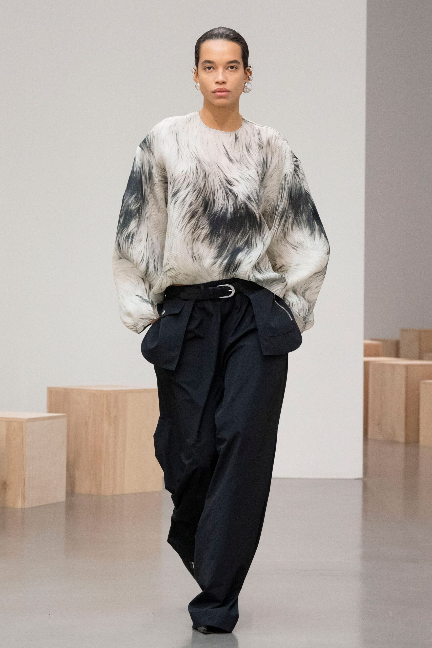 black and white printed top with relaxed pants
