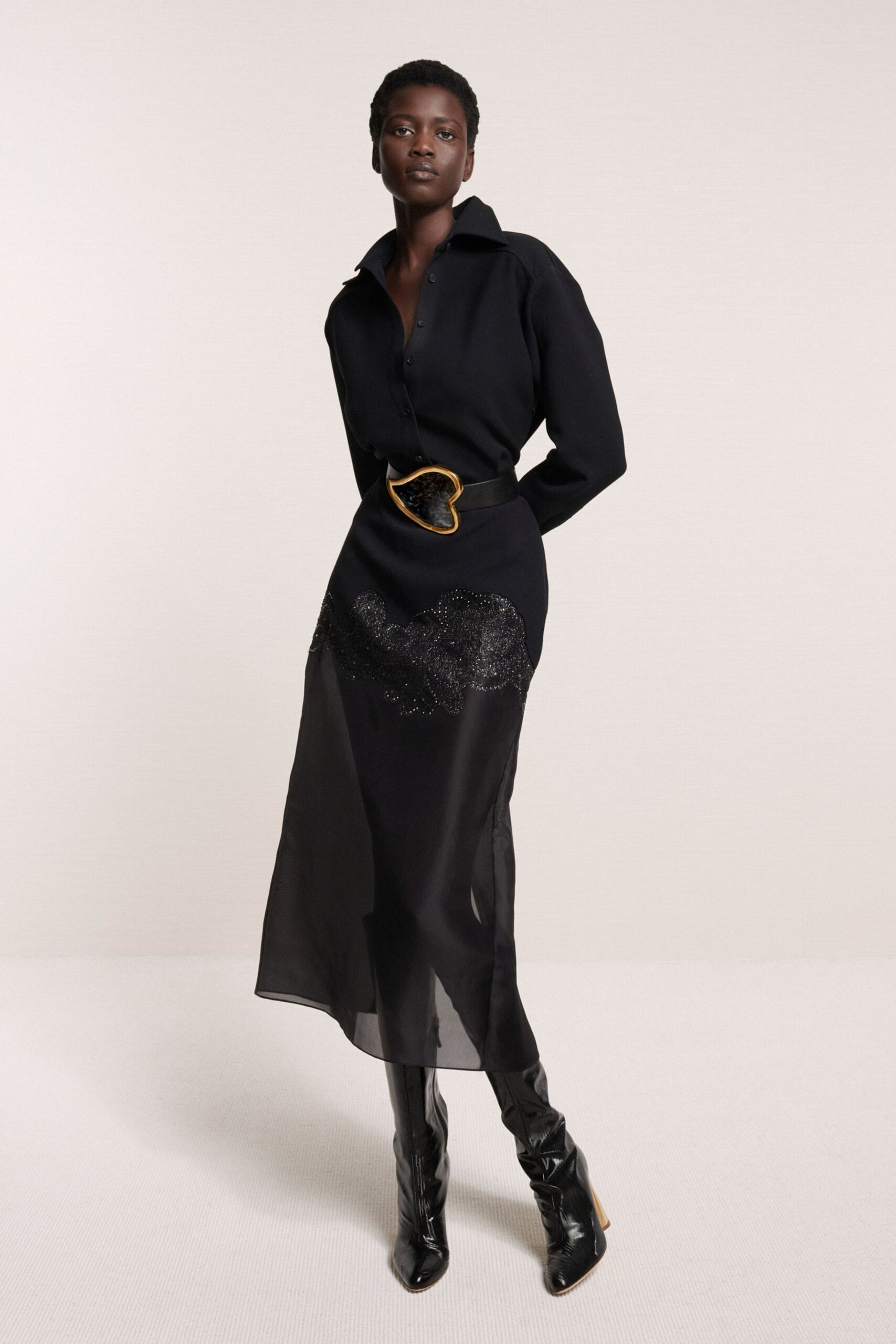 black fitted shirt and skirt