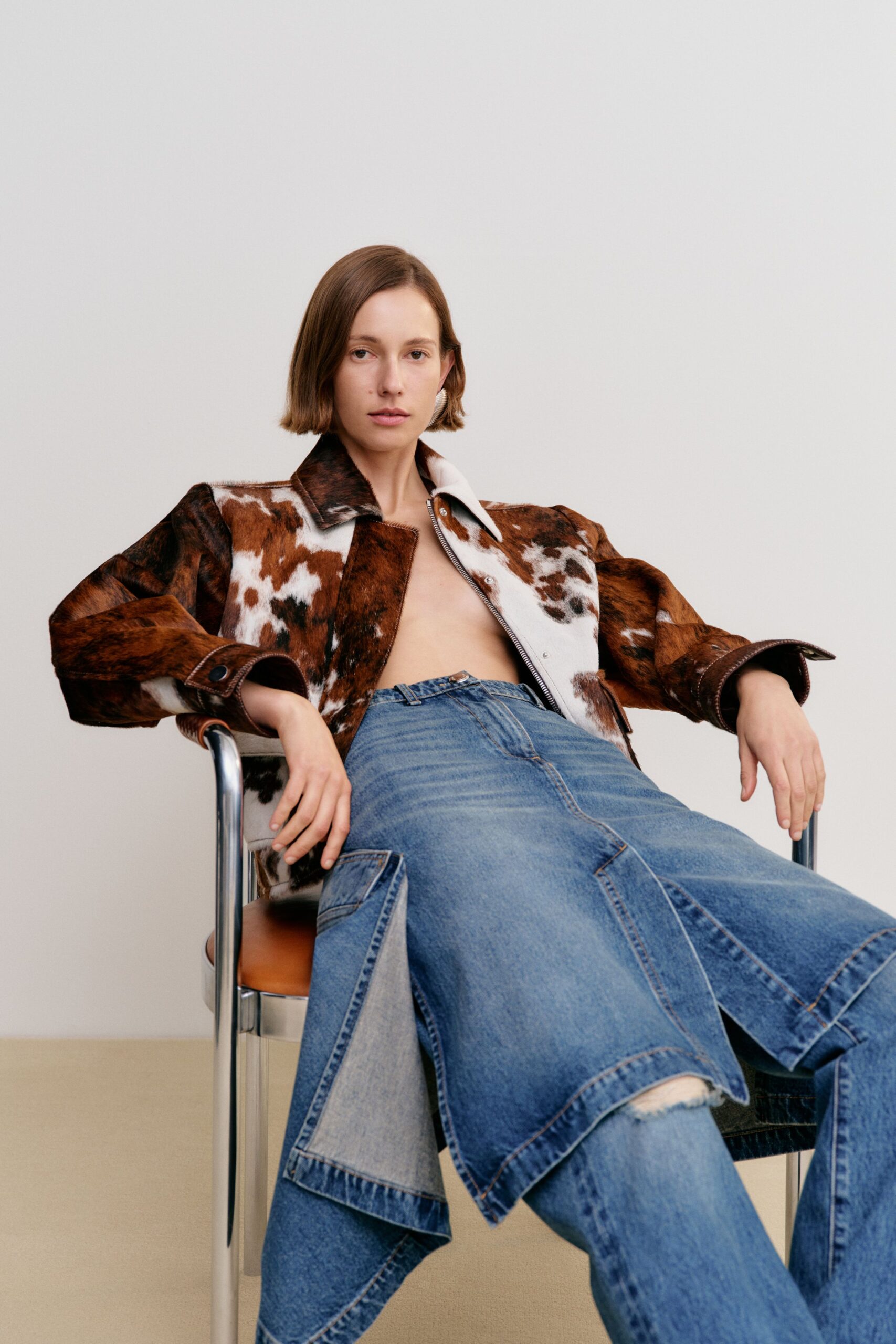 brown fur long-sleeve collared structured zippered animal-print jacket