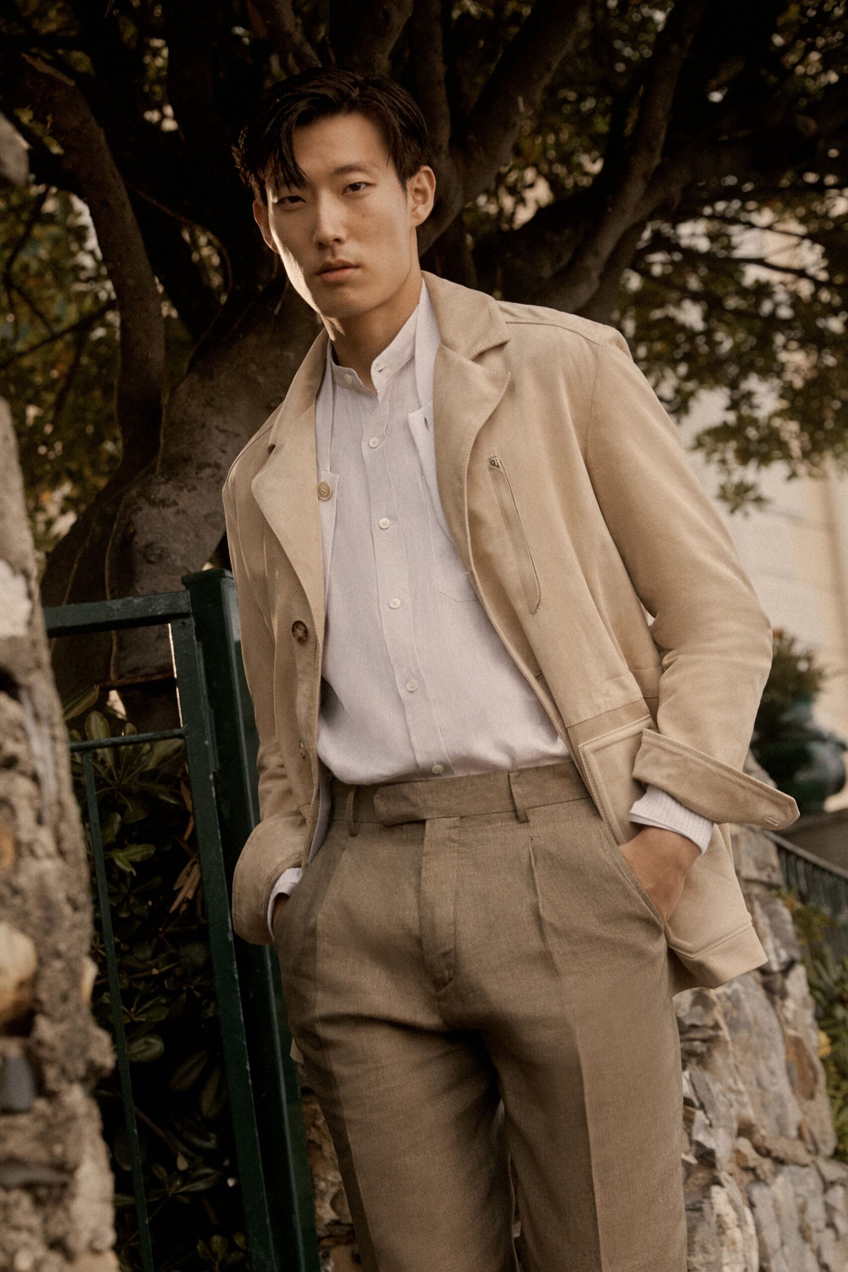 beige suede long-sleeve collared structured buttoned coat