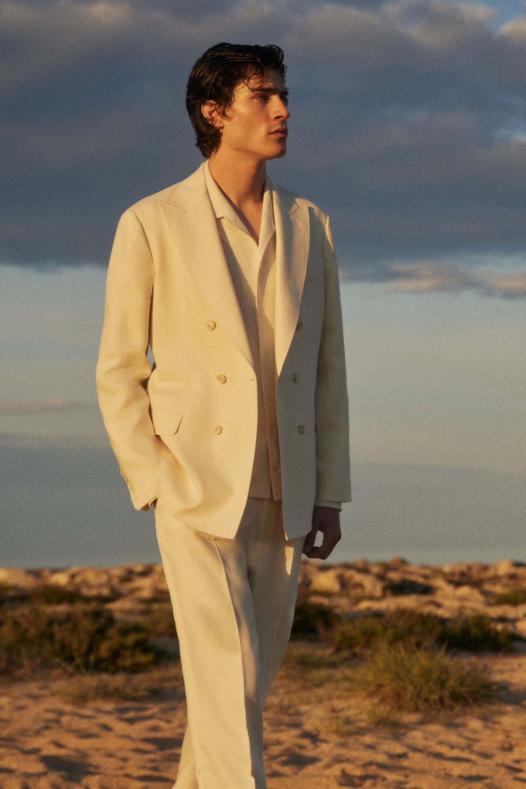 beige wool long-sleeve collared structured buttoned pockets blazer
