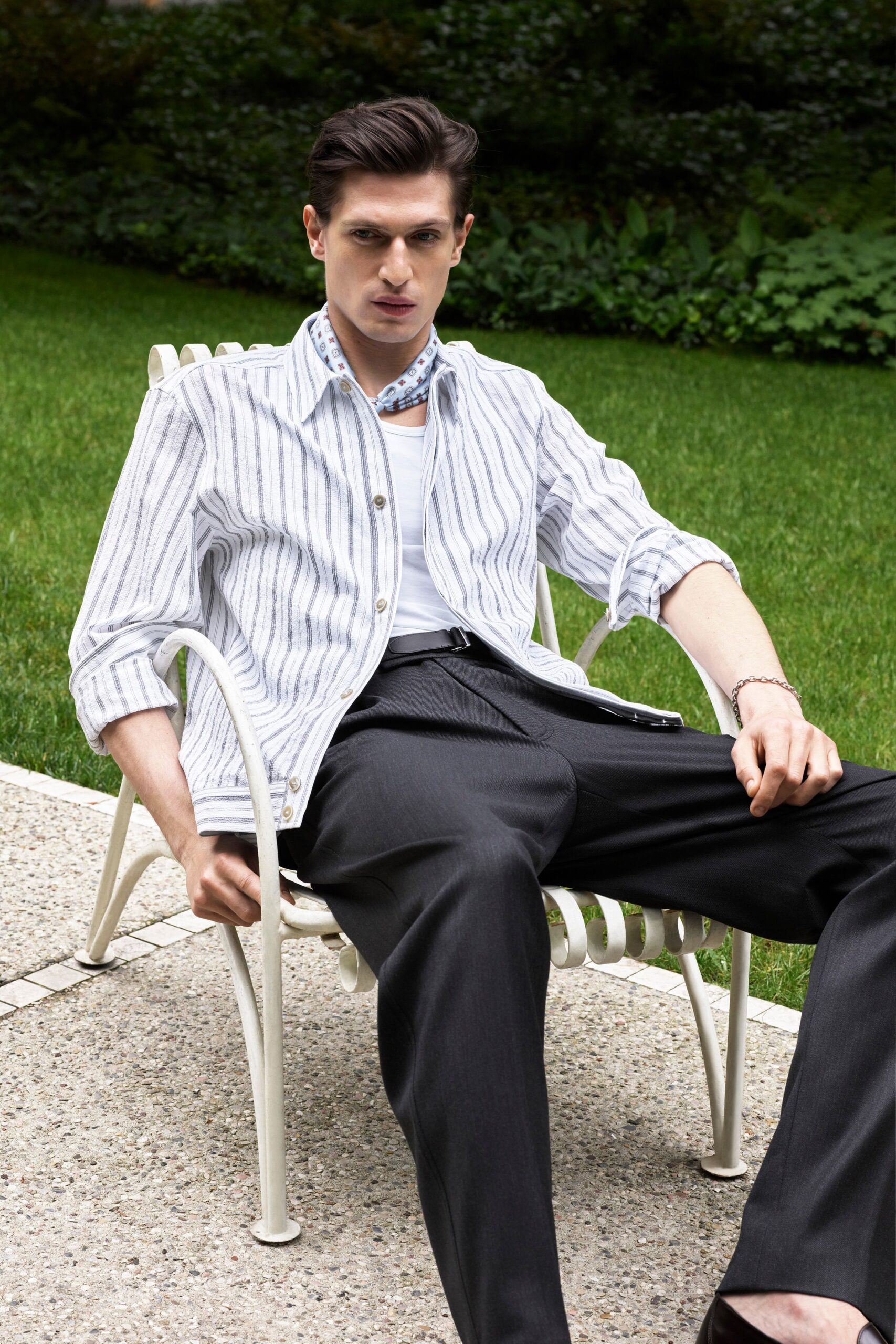 relaxed striped shirt with tailored pants