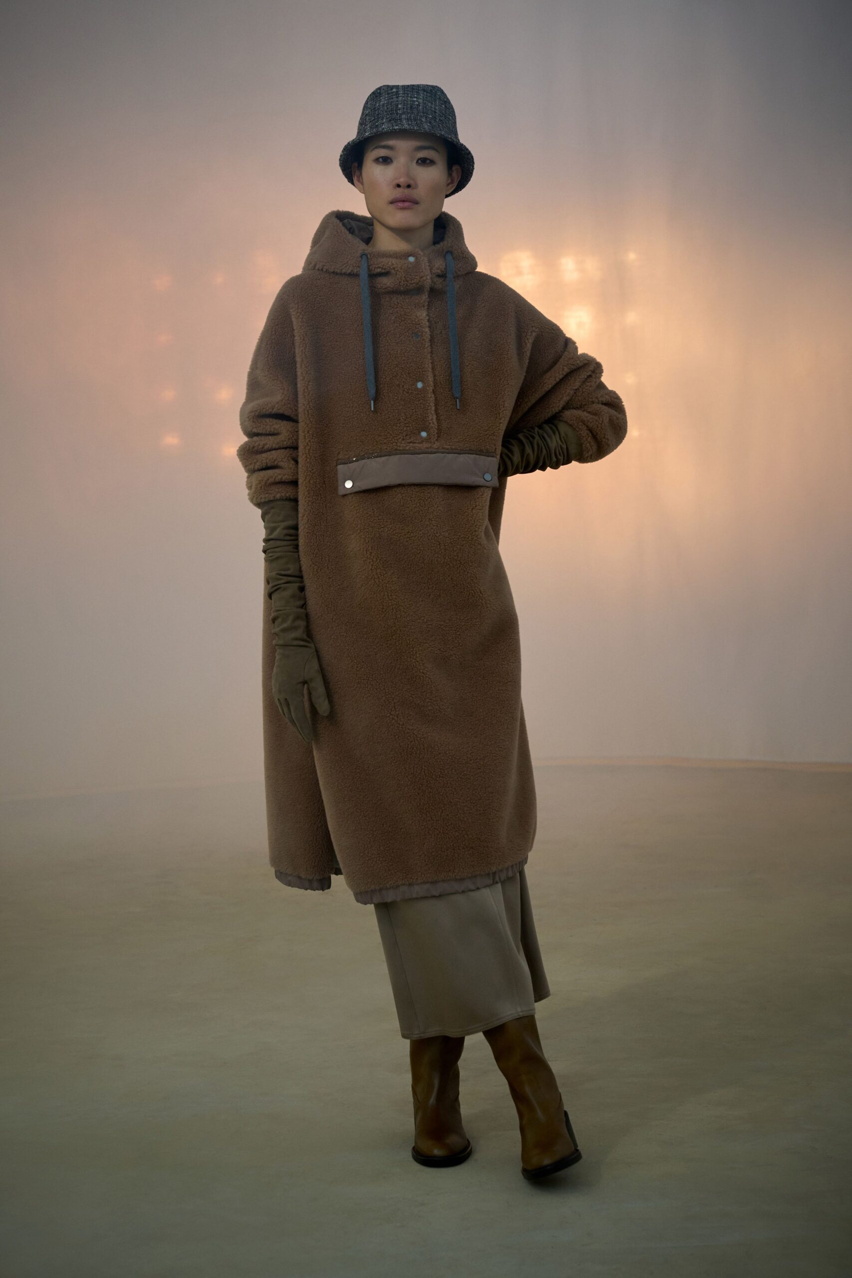 brown faux-fur long-sleeve hooded oversized buttoned pockets hoodie