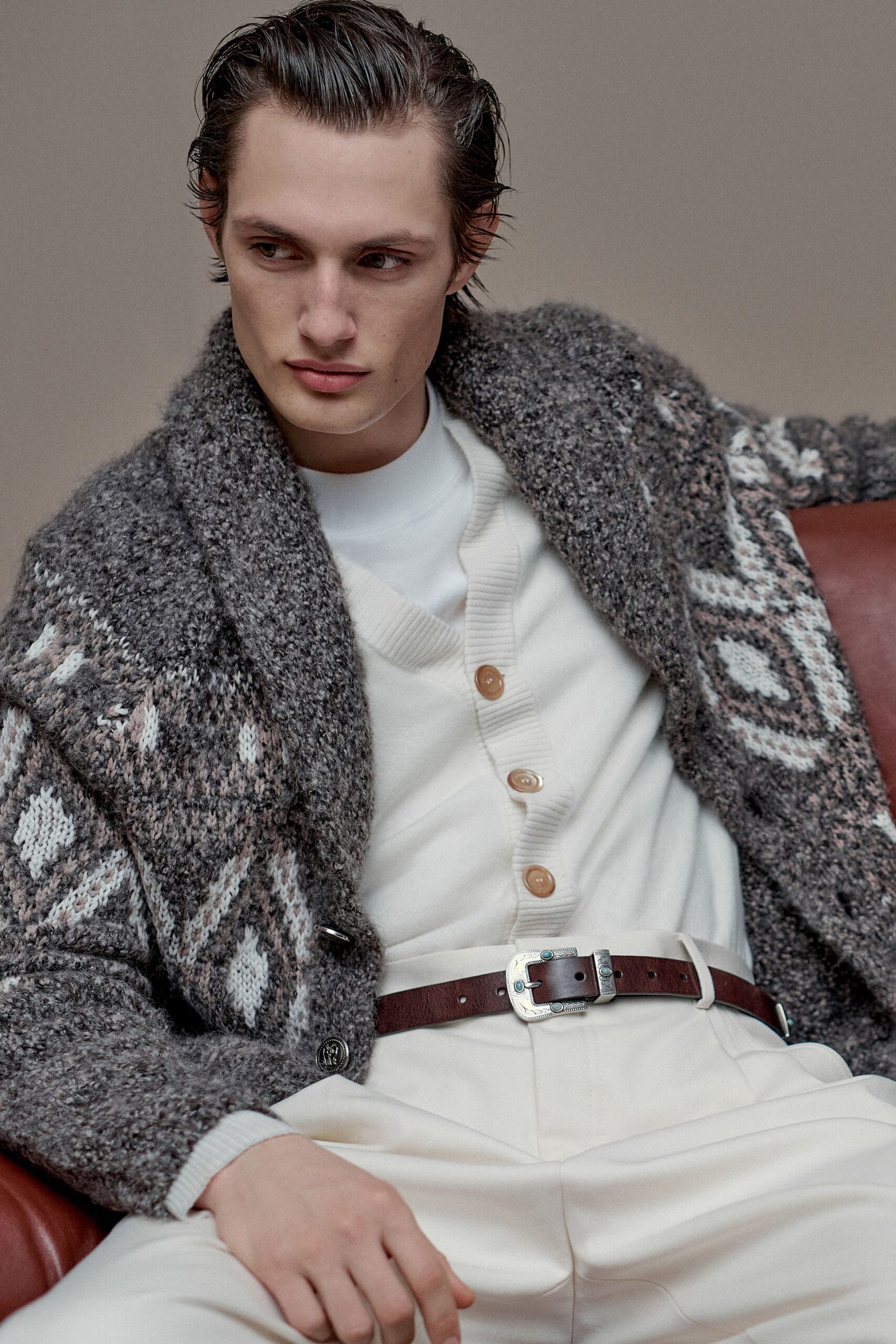 gray wool cardigan with white shirt