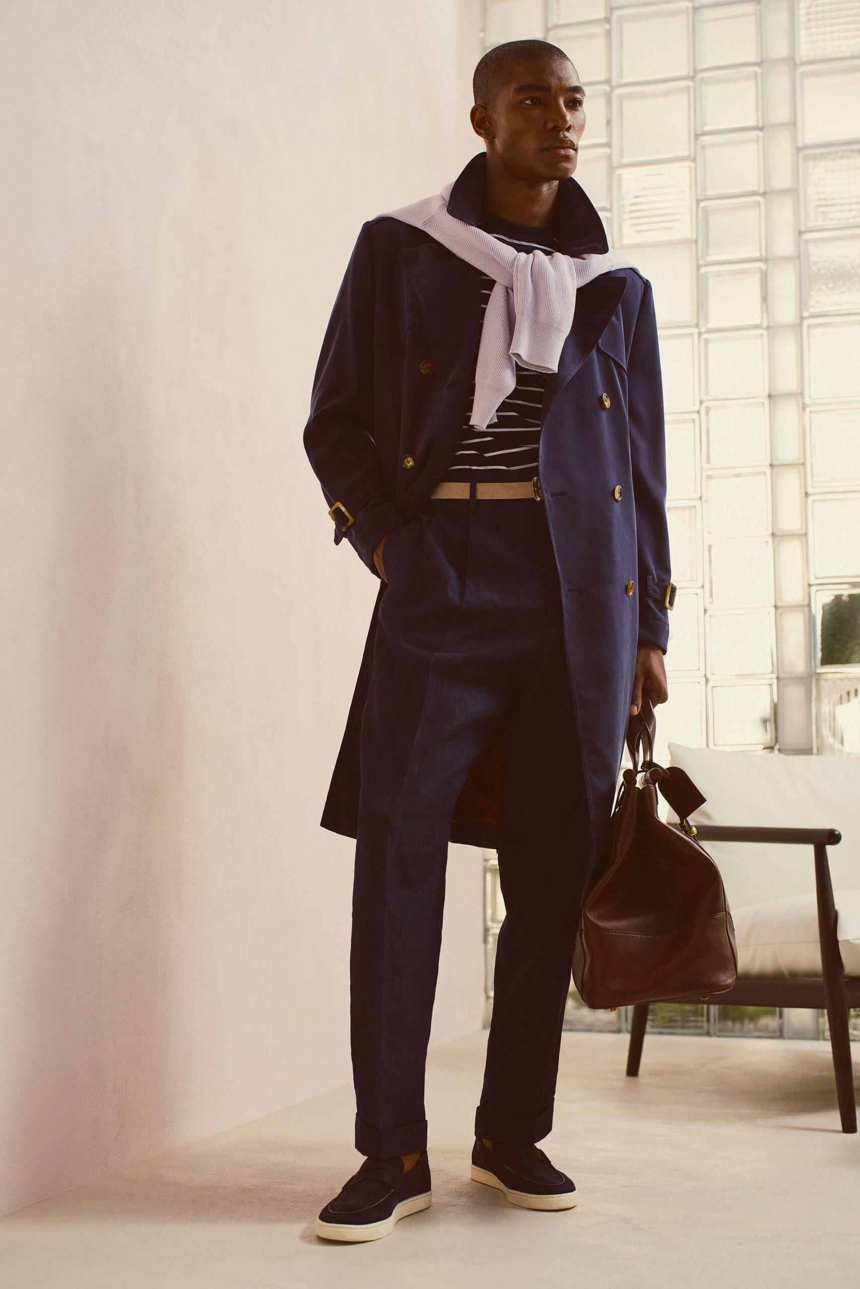 blue cotton long-sleeve collared structured coat