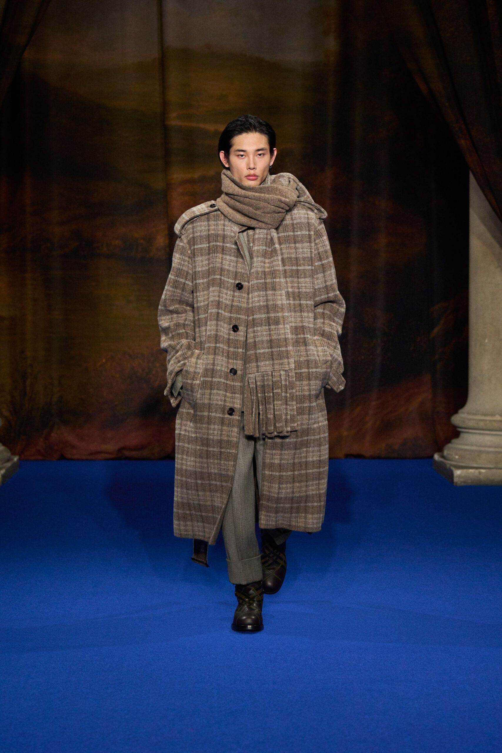brown checked wool coat with scarf